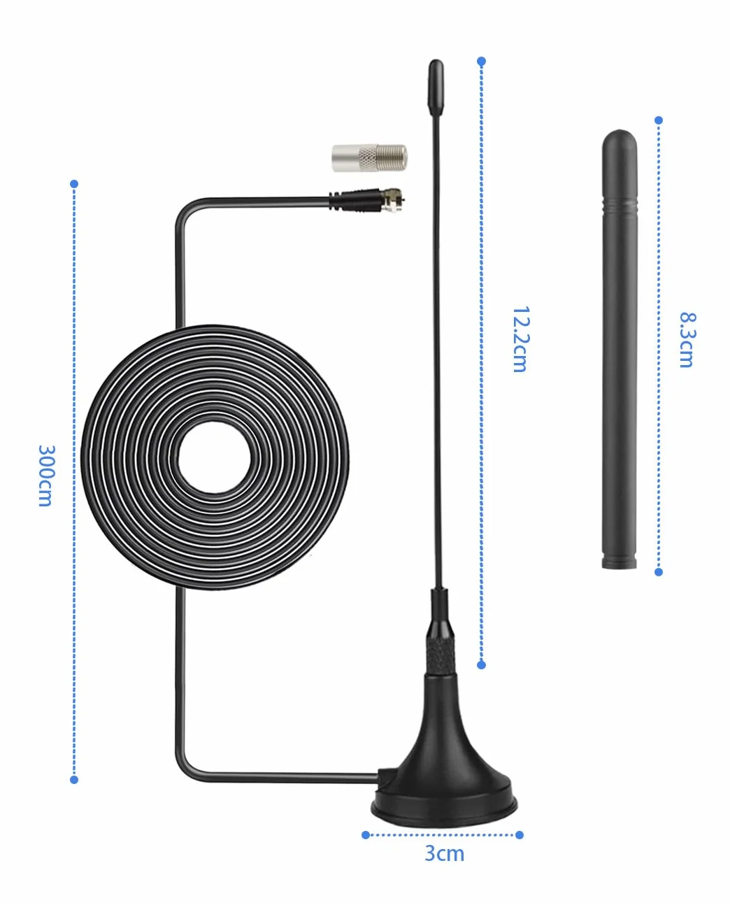 Vecys Mini DVB-T Antenne Intérieur 2 dBi avec Base Magnétique Antenne TV Intérieure Amplifiée 50 Miles RG174 Câble Coaxial de 3m/9.84ft pour Appareils DVD DVB-T