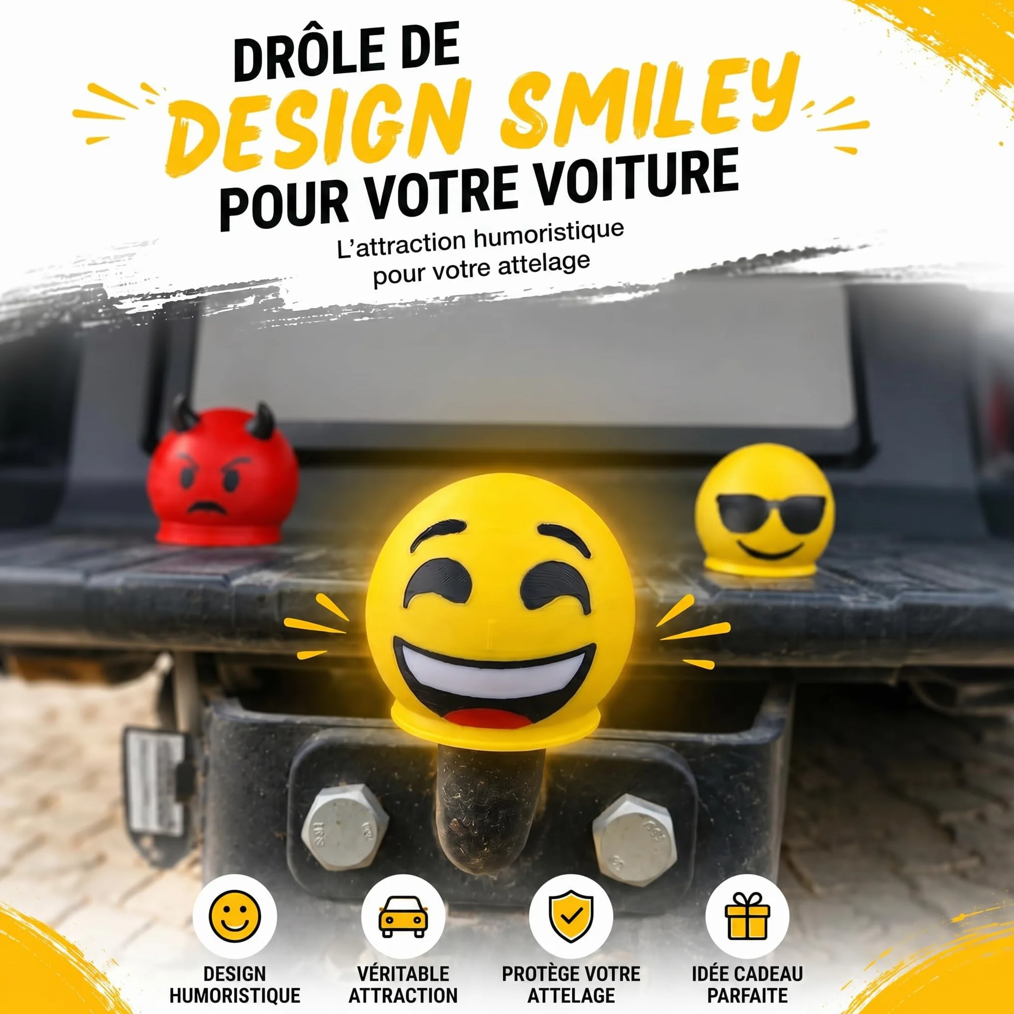 Couvercle d'attelage Smiley 50 mm - Capuchon de protection universel pour voiture, SUV, remorque