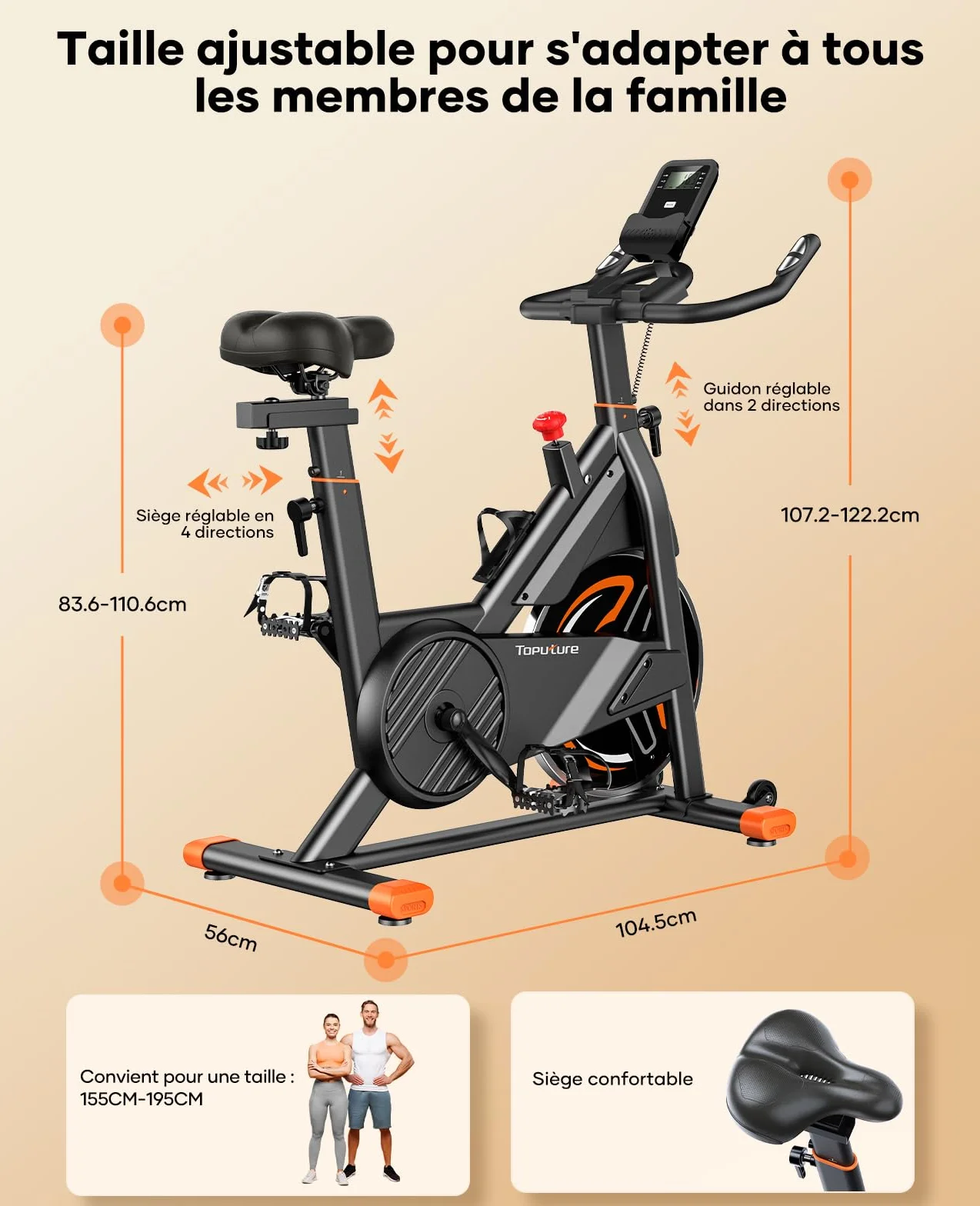 TOPUTURE Vélo d'Appartement Magnétique Connecté APP, Résistance Réglable Silencieux, 160KG