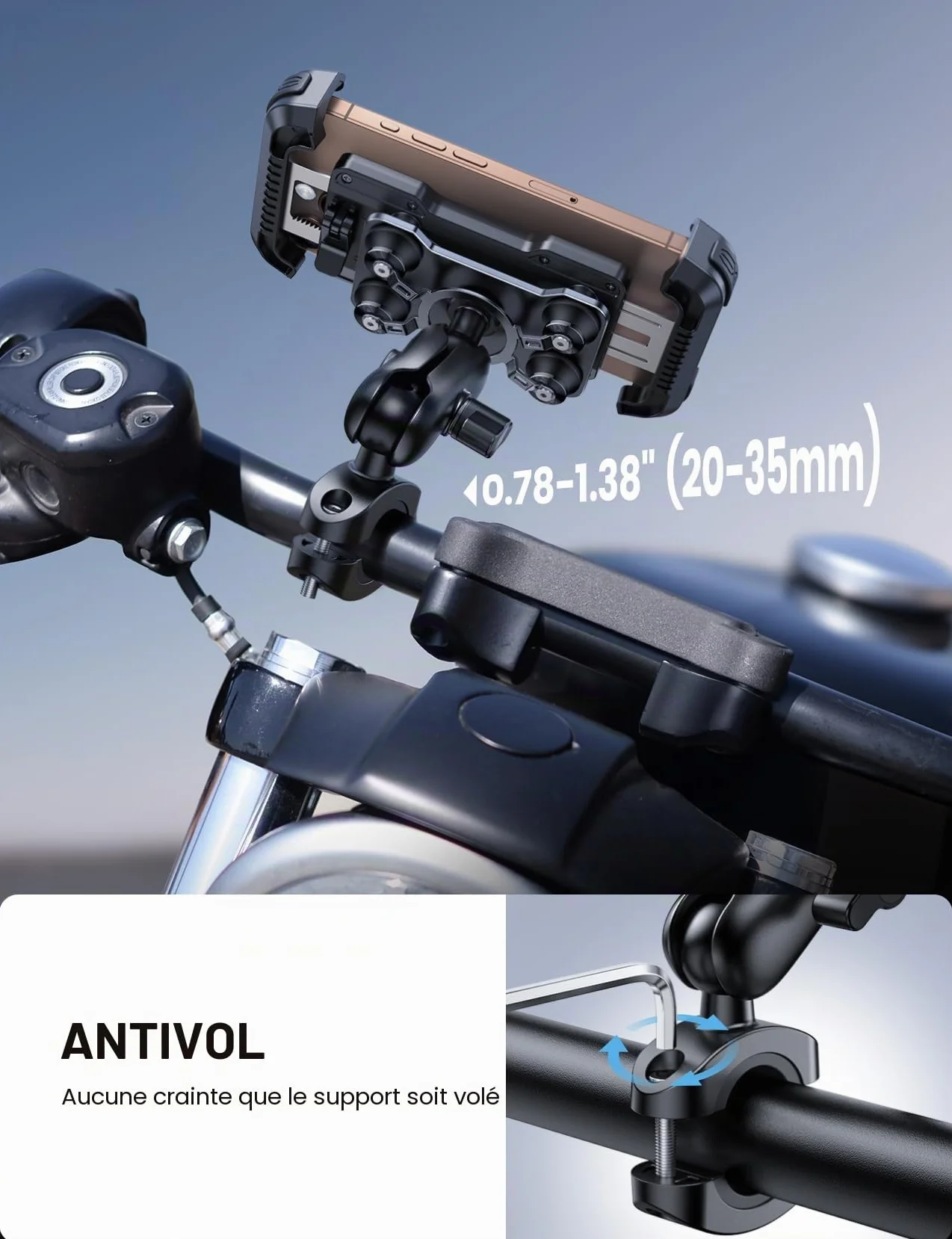 Lamicall Support Téléphone Moto Antivol Double Anti-Vibration Bras Extension Métal pour Guidon Vélo 360° Pivotant iPhone 16 15 14 4,7-6,7"