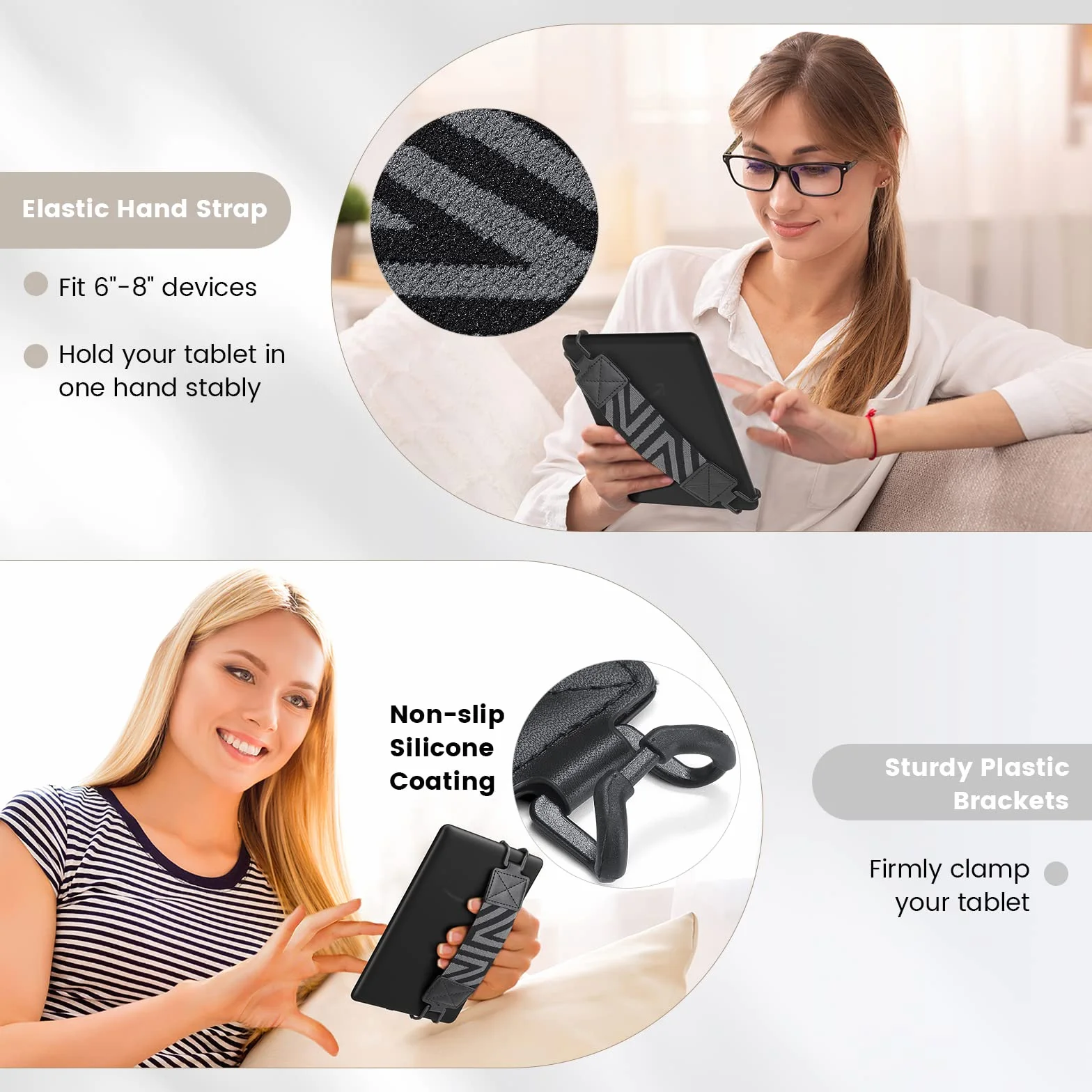 MoKo Dragonne de Sécurité pour 6-8" Kindle eReaders- Kindle/Kobo/Voyaga/Lenovo/Sony E-Book Tablet, Sangle Haute-Élastique Polyvalente Légère Support Antidérapante, Noir