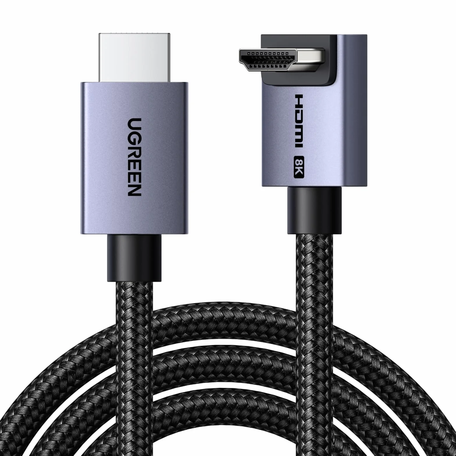 UGREEN 8K Câble HDMI 2.1 Coudé 90° 10K 8K 60Hz 4K 240Hz Haute Vitesse 48Gbps Cordon HDMI Aluminium Dynamic HDR Dolby Atmos HDCP Tressé en Nylon Compatible avec PS5 4 Xbox MacBook Pro Blu Ray HDTV (2M)