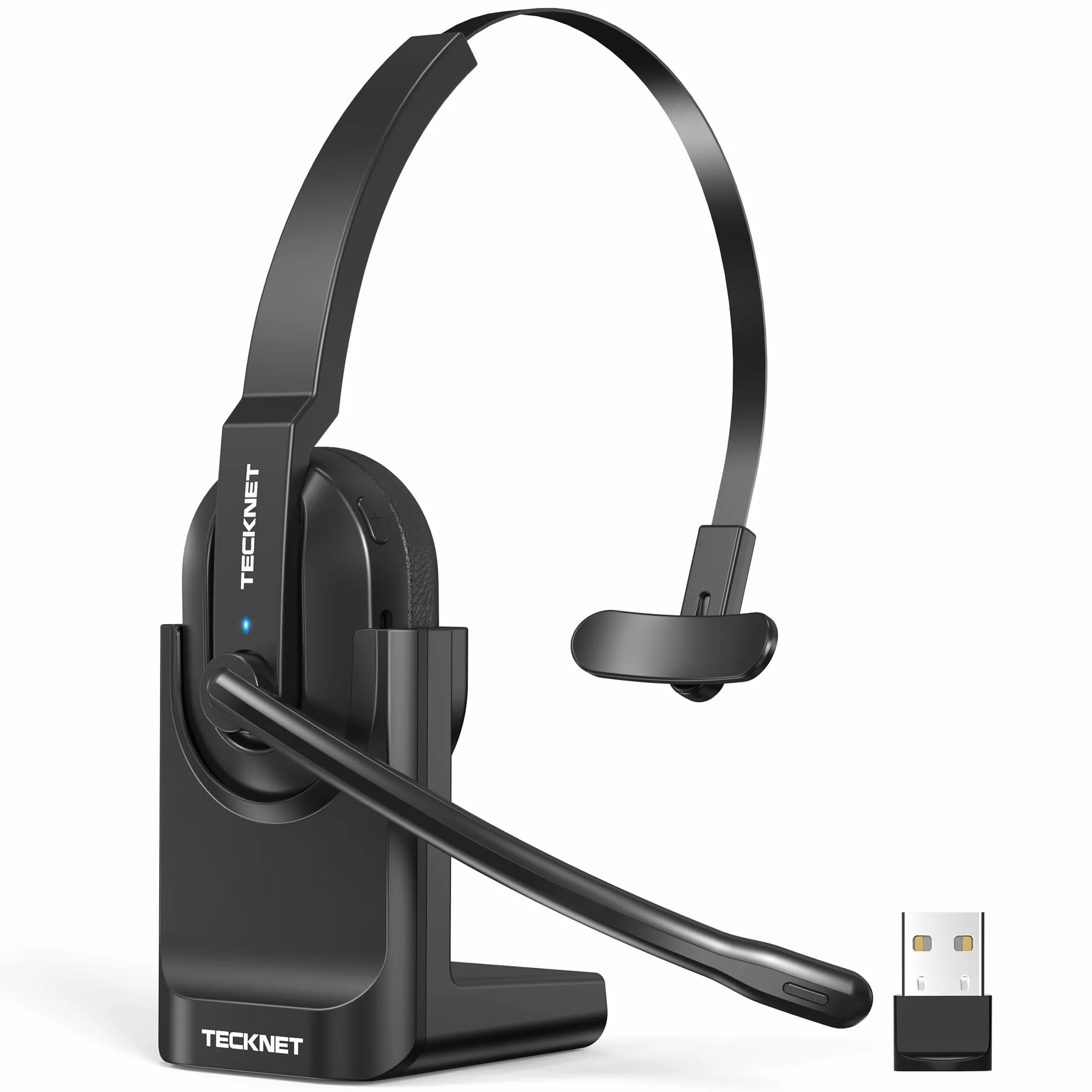 TECKNET Casque Bluetooth V5.2 avec microphone, casque sans fil avec station de charge, MIC ENC Casque PC, dongle USB, casque supra-auriculaire sans fil pour camionneur/centre d'appel/bureau – Batterie