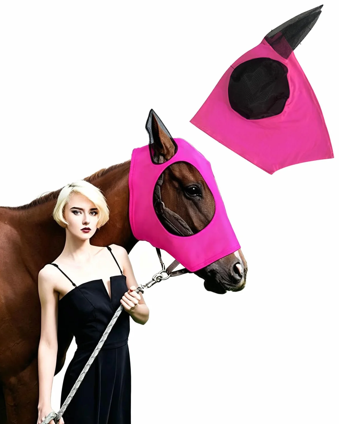 Masque de Cheval Rose Vif en Maille Respirante Anti-Mouche Anti-UV avec Cache-Oreilles