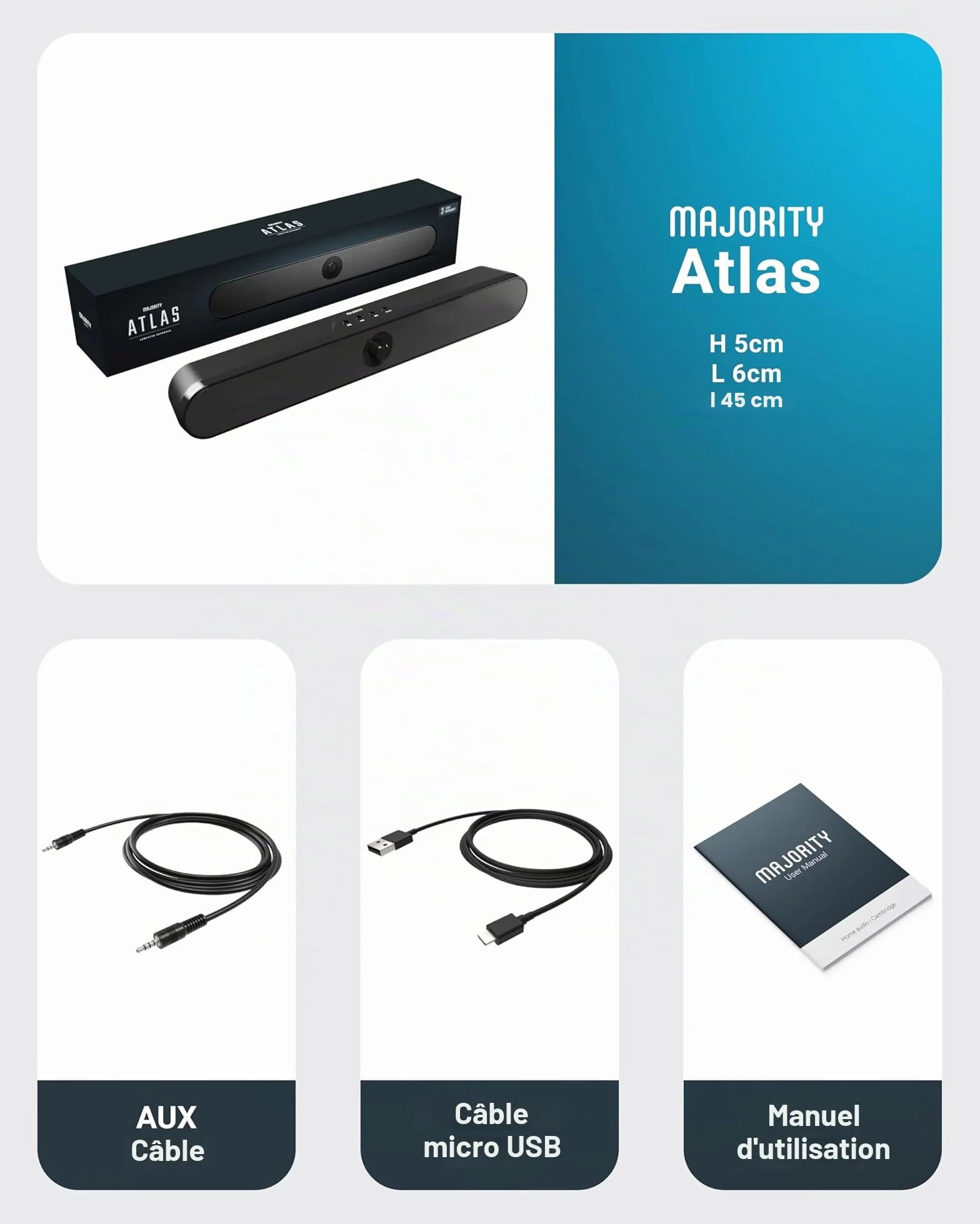 Barre de son Atlas 20W Bluetooth USB AUX portable pour PC TV moniteur
