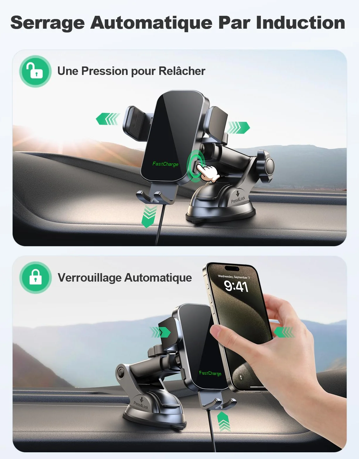 Glangeh 15W Support Telephone Voiture Induction, [Serrage Automatique] Chargeur Induction Voiture sans Fil Rapide [Ventouse Militaire], Compatible avec iPhone 17/16/15 Pro Max, Galaxy S24+/S23 Ultra
