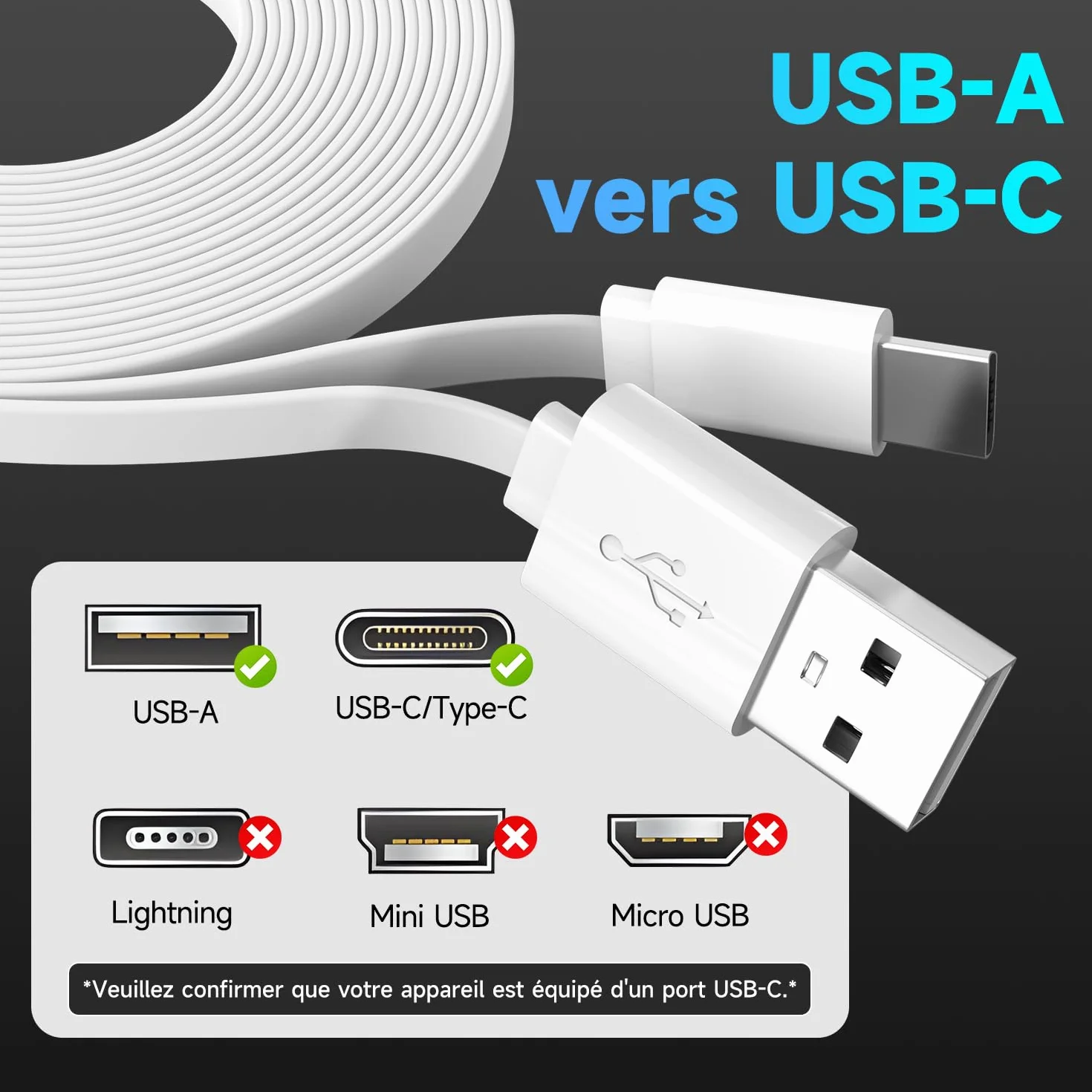Câble d'extension d'alimentation plat de 5 m pour caméras de sécurité à domicile compatibles USB-C ou autres appareils (téléphone, manette Switch Pro, etc.), rallonge USB A vers type C pour