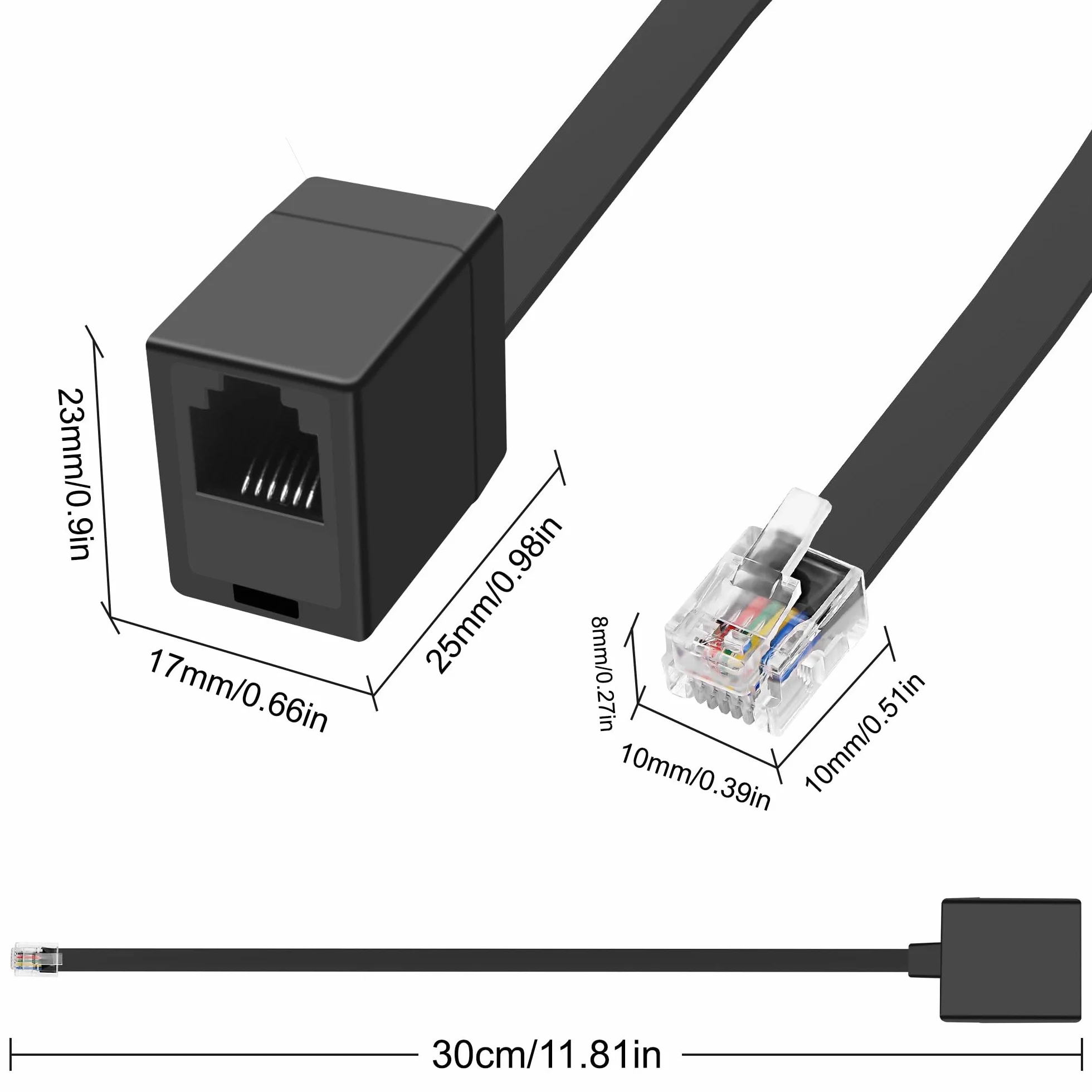 MEIRIYFA Lot de 2 câbles d'extension RJ12 6P6C femelle vers mâle RJ11/RJ12 Cat3 pour combiné téléphonique 30 cm
