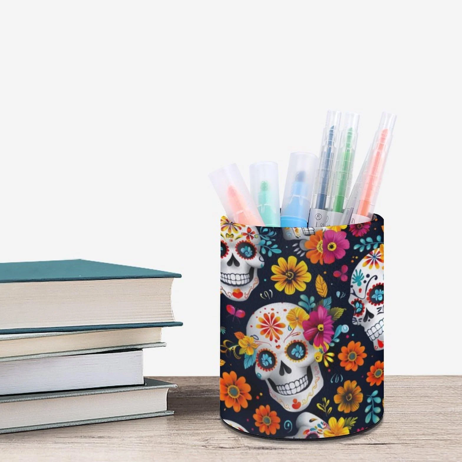 Pot à crayons rond en cuir tête de mort mexicaine - Organiseur maquillage bureau multifonctions