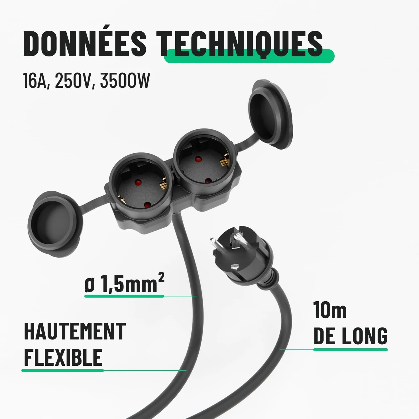 Rallonge Electrique 10m 2 Prises IP44 3500W Exterieure Étanche