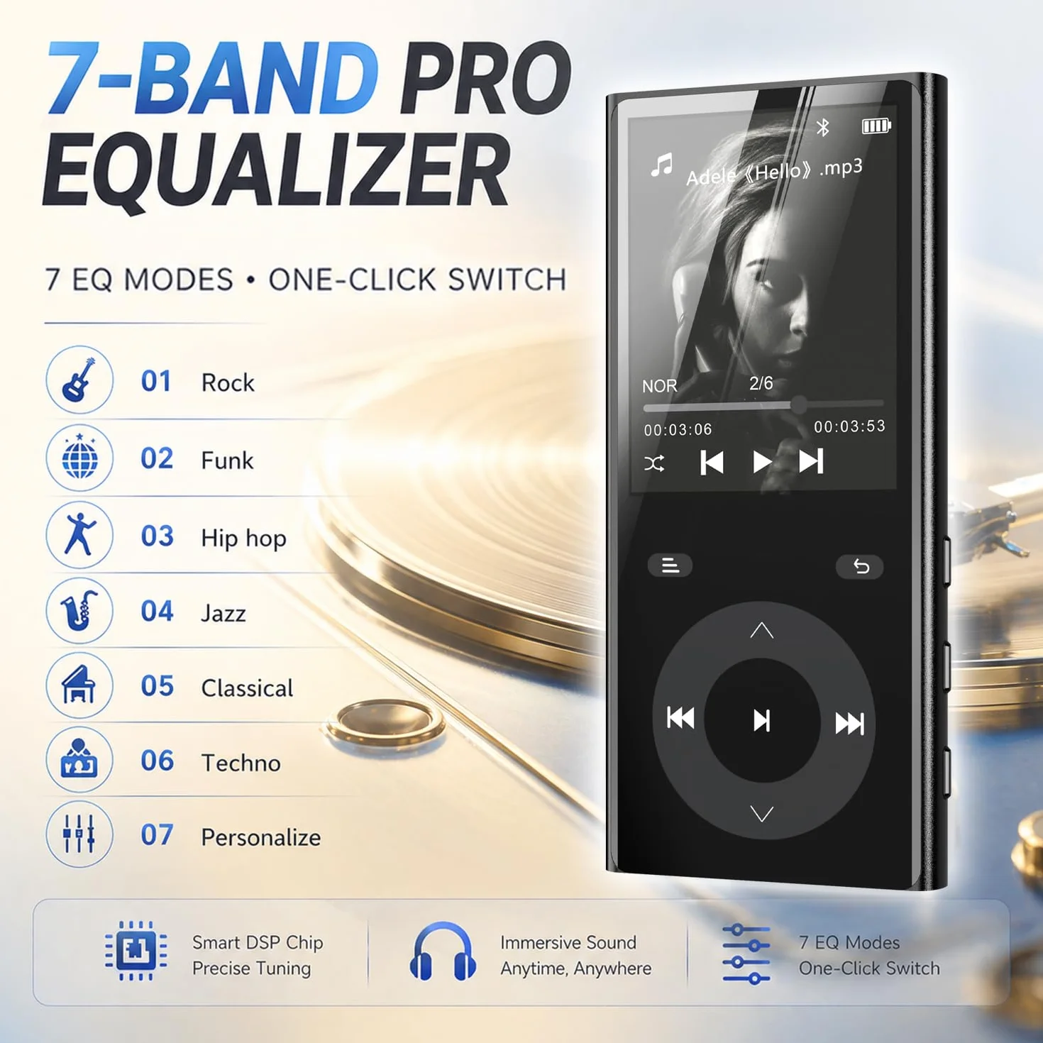 Lecteur MP3 Bluetooth 5.3, MP3 Player avec 2 Emplacements pour Cartes TF, Écran Couleur 2,4", Bouton Tactile, Haut-Parleur, Son HiFi, Jusqu'à 256 Go