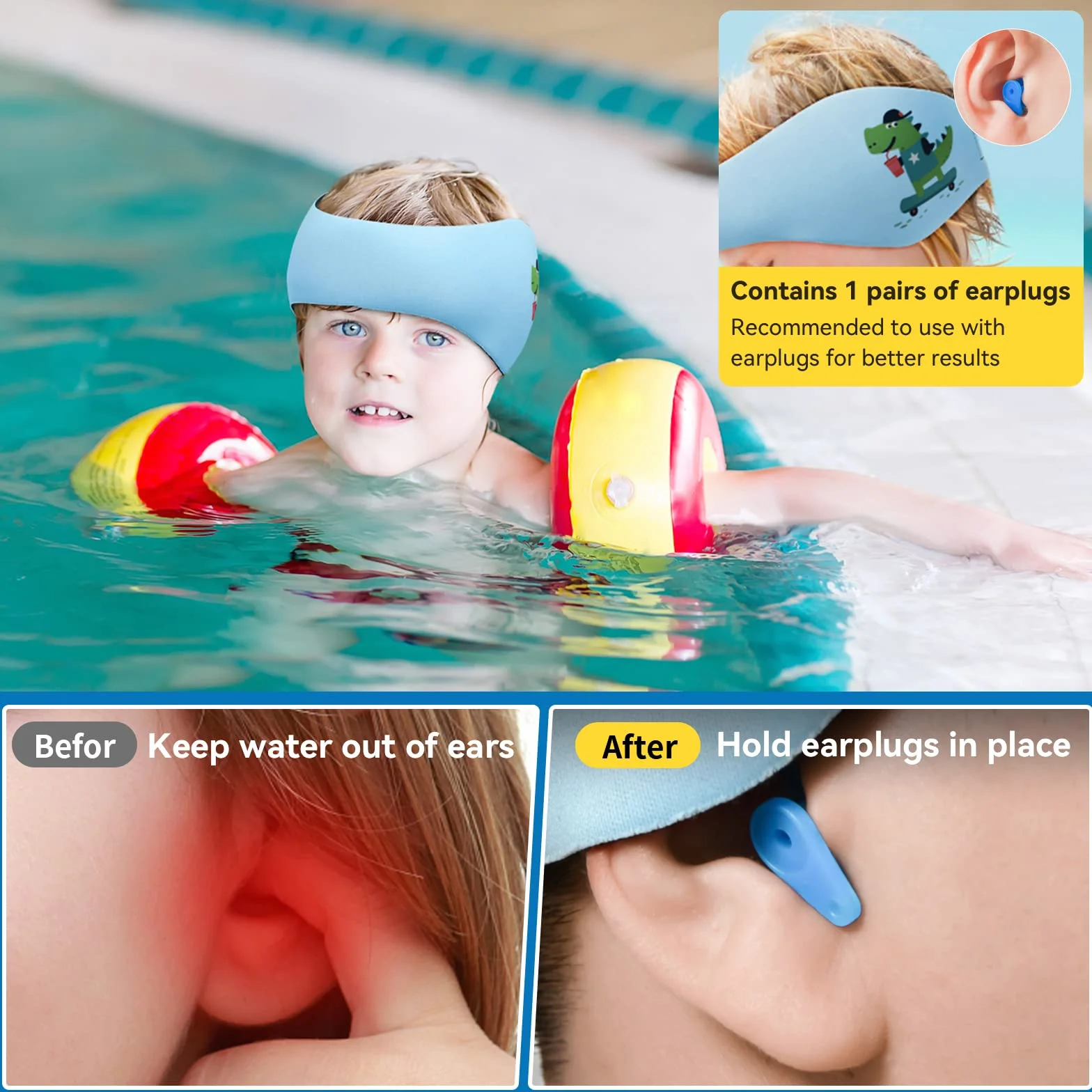 Bandeau de Natation Enfant Néoprène Élastique Protection Auditive Piscine Plage Sports Nautiques Bleu M