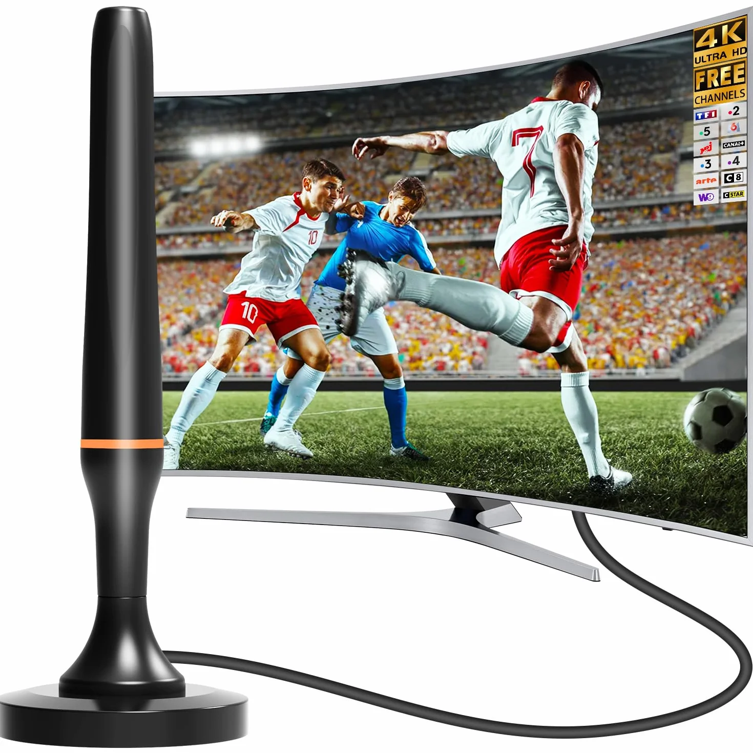 Antenne TV Intérieur Puissante, TNT Signal à Gain Élevé, Réception 360° Longue Portée 500km, Support 4K HD/1080P Chaînes Gratuites