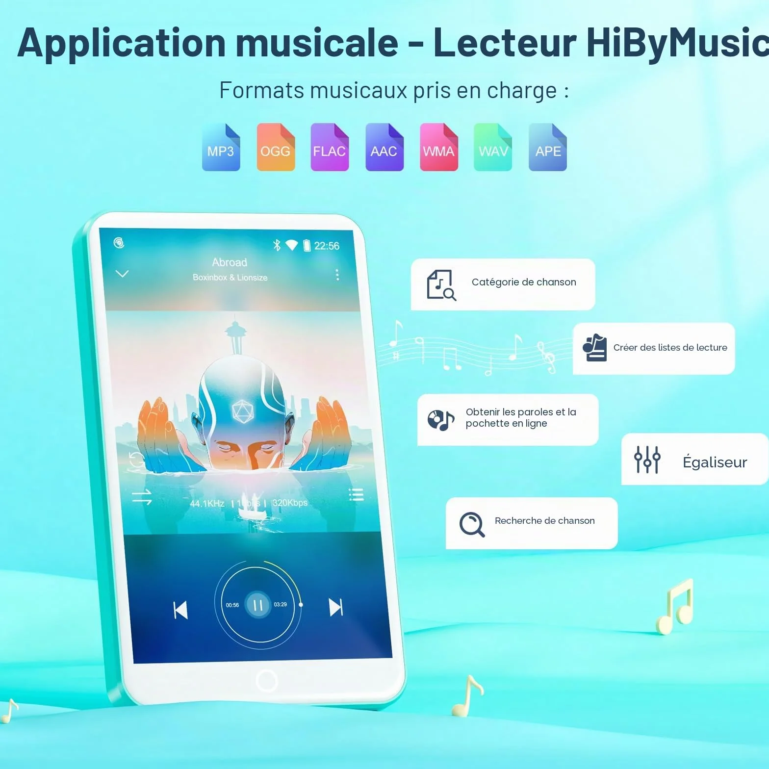 Lecteur MP3 avec Bluetooth et WiFi, Oilsky 80GB 4'' Android 9.0 Lecteur de Musique, MP4 à écran Tactile 1080P, Mp3 Portable avec Spotify, Audible, Deezer (Cyan)