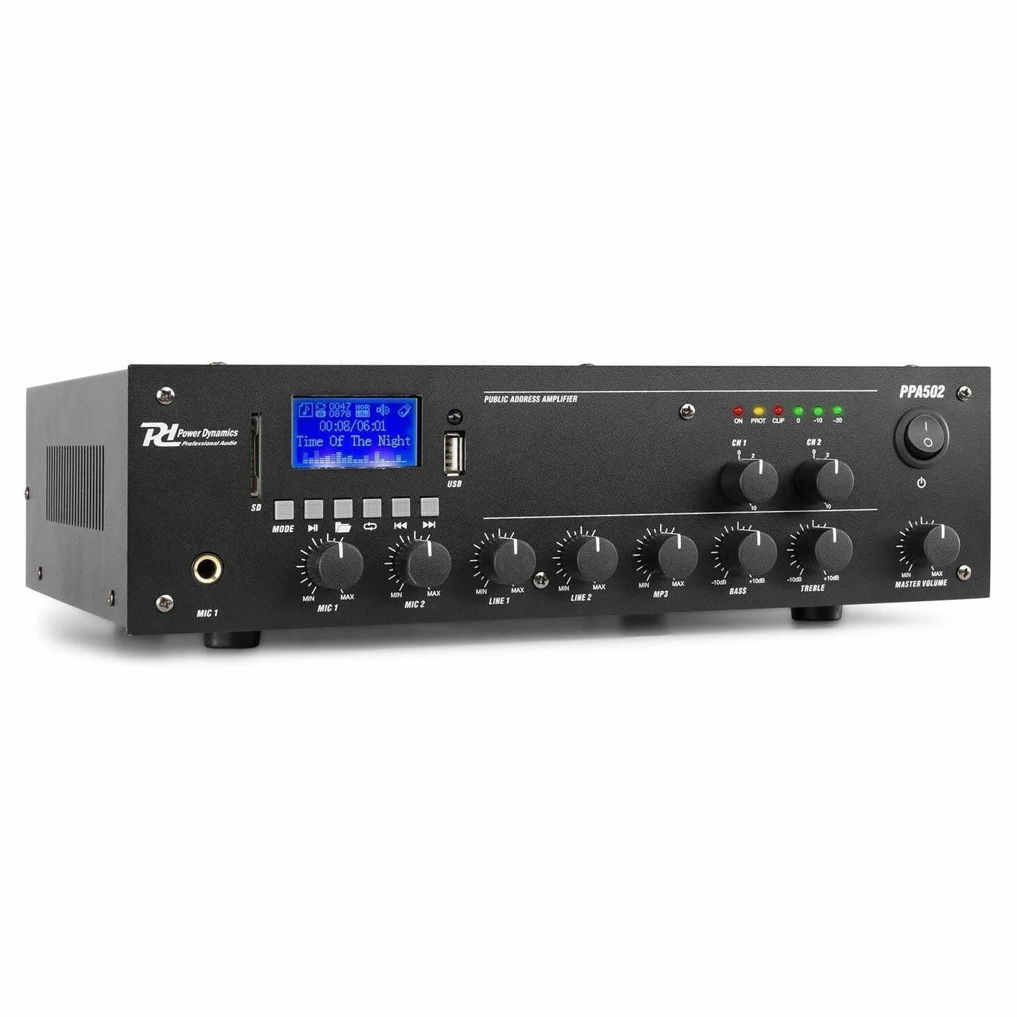 Power Dynamics PPA502 Amplificateur 2 Zones Bluetooth 100V 50W Lecteur MP3 USB Télécommande Entrée Ligne Prise 6,3mm