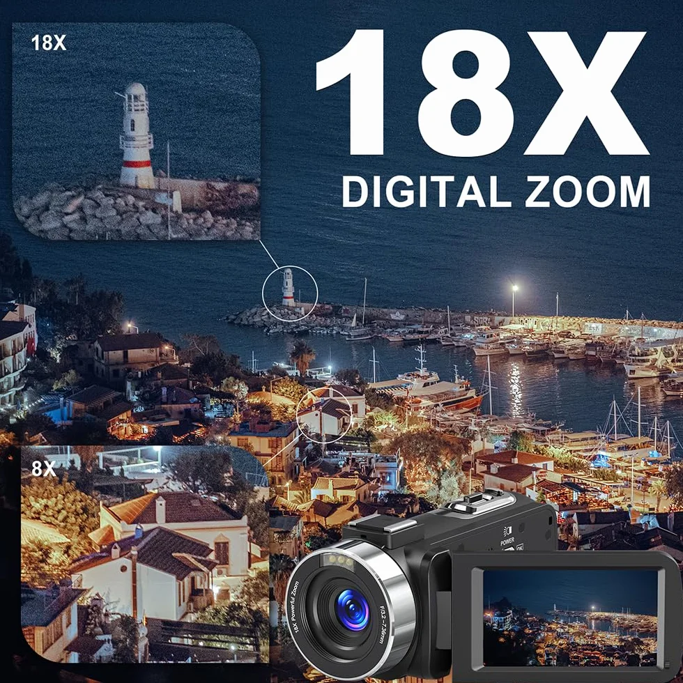 Caméscope 8K 64MP Caméra Vidéo Zoom Numérique 18X WiFi Écran Tactile UHD 3 Pouces IR Vision Nocturne Vlogging avec Carte SD 32 Go