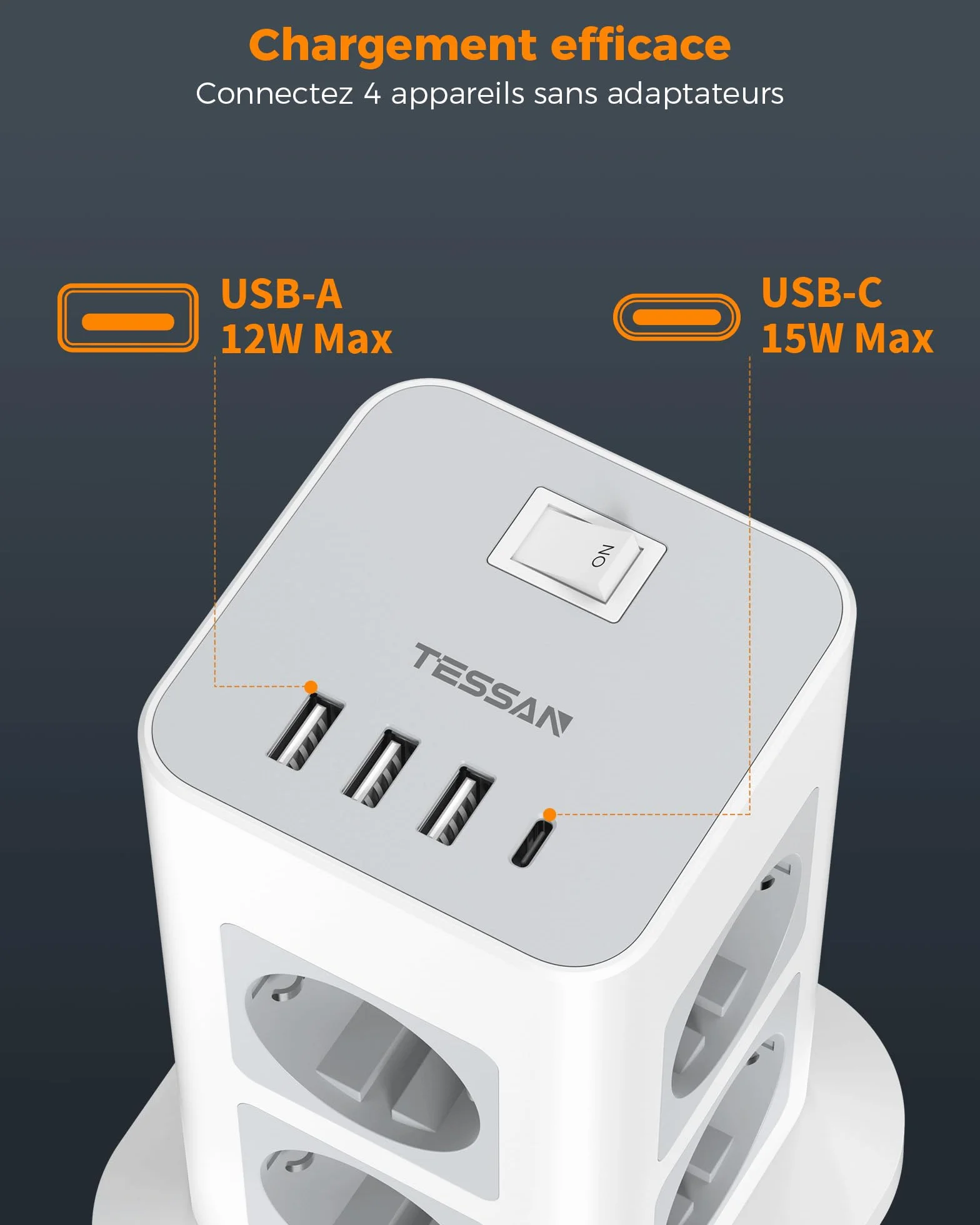 TESSAN Tour Multiprise 8 Sorties AC avec 4 USB (3A1C), Multiprise avec Interrupteur Rallonge Electrique 2m, Prise Multiple 3600W Parafoudre et Surtension, Convient pour Maison, Bureau, Gris