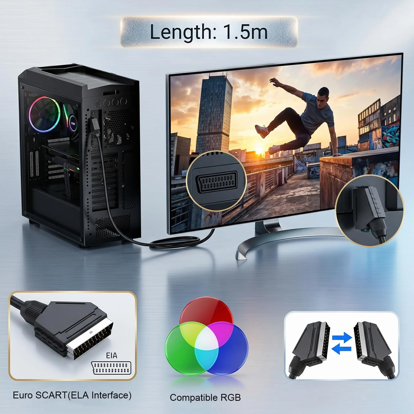 HENGBIRD Câble Péritel 2 Pièces 1,5 m, 21 Broches Mâle vers Mâle, Câble Audio Vidéo pour Téléviseur, Lecteur DVD, Récepteur et Magnétoscope