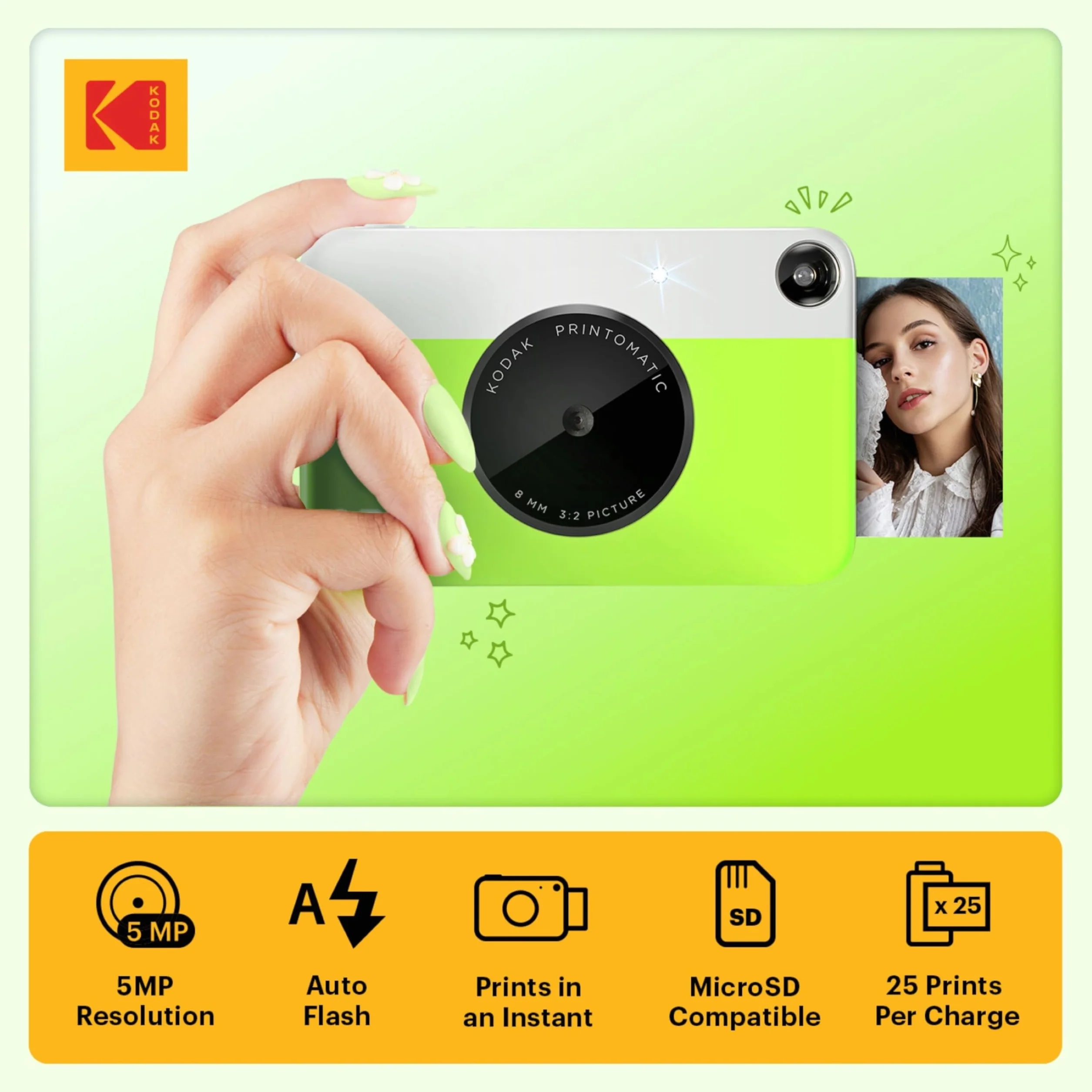 KODAK Appareil Photo Instantané Printomatic (Vert) Coffret Basique + Papier Zink (20 Feuilles) + boîtier Deluxe + Courroie Confortable à Mettre Autour du Cou
