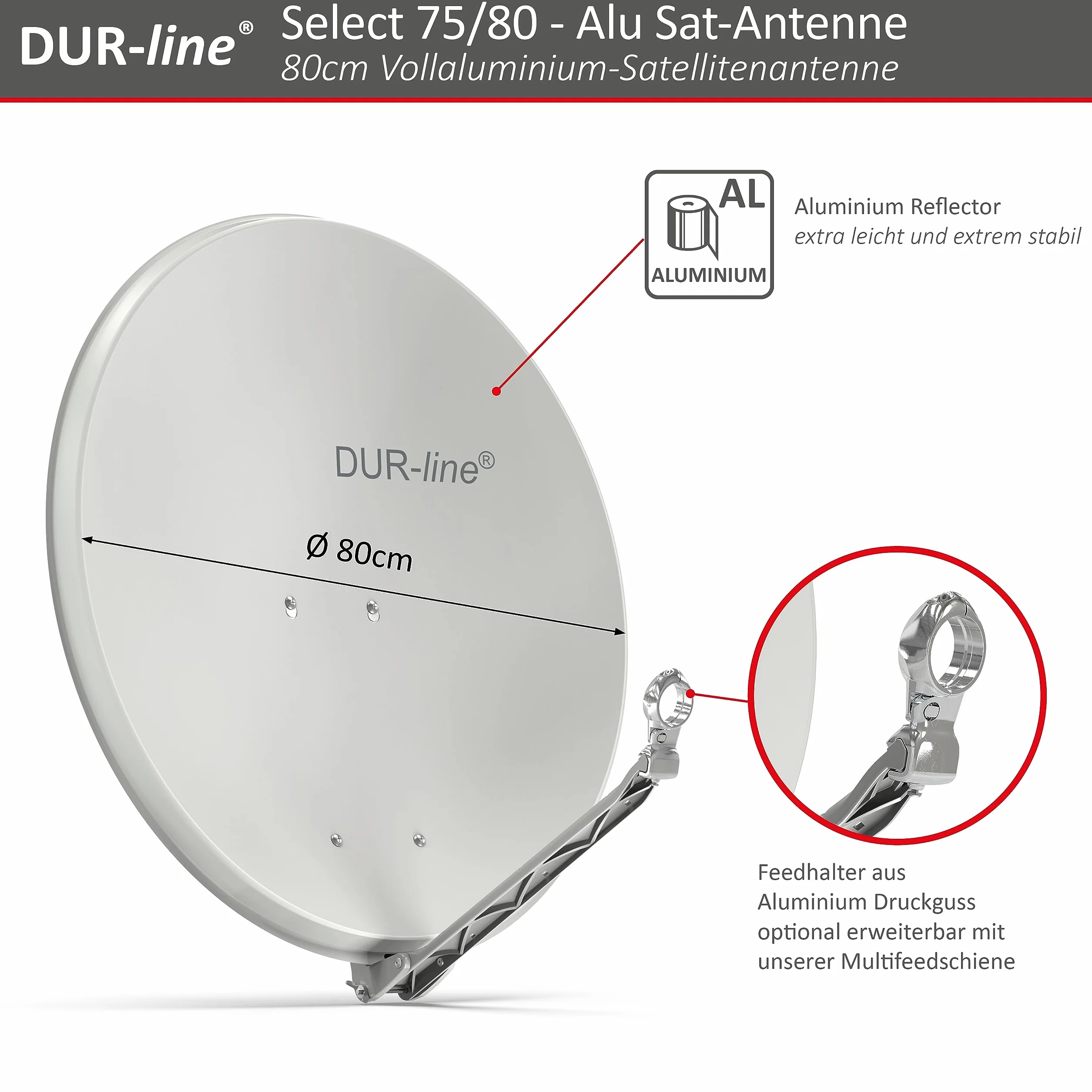 DUR-line sELECT 75/80 x 3 cm Antenne Parabolique Satellite Camping Car, Parabole Aluminium