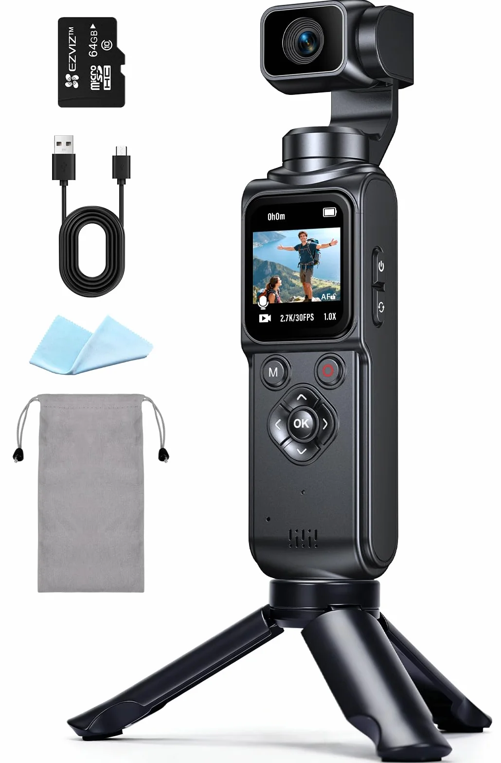 Caméra Vlog 4K Stabilisée avec Gimbal 2 Axes, Écran Tactile, Carte 64Go, Suivi Facial, 200 Min, Compacte Sport Vlog