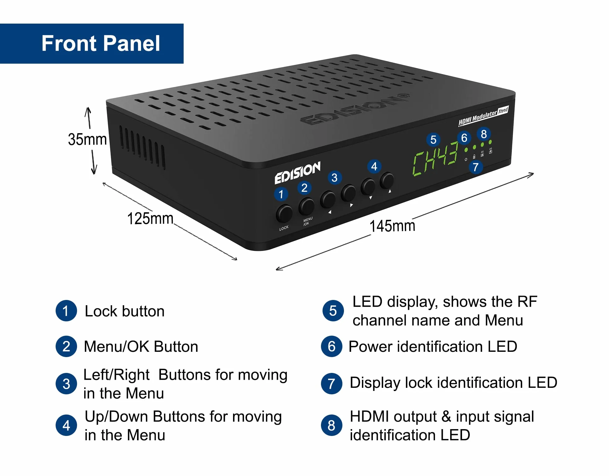Edision HDMI Modulator Xtend Lite, Full HD MPEG4, HDMI-Loop Out, RF-in, 50 ID Fonction de pré-Configuration, Noir