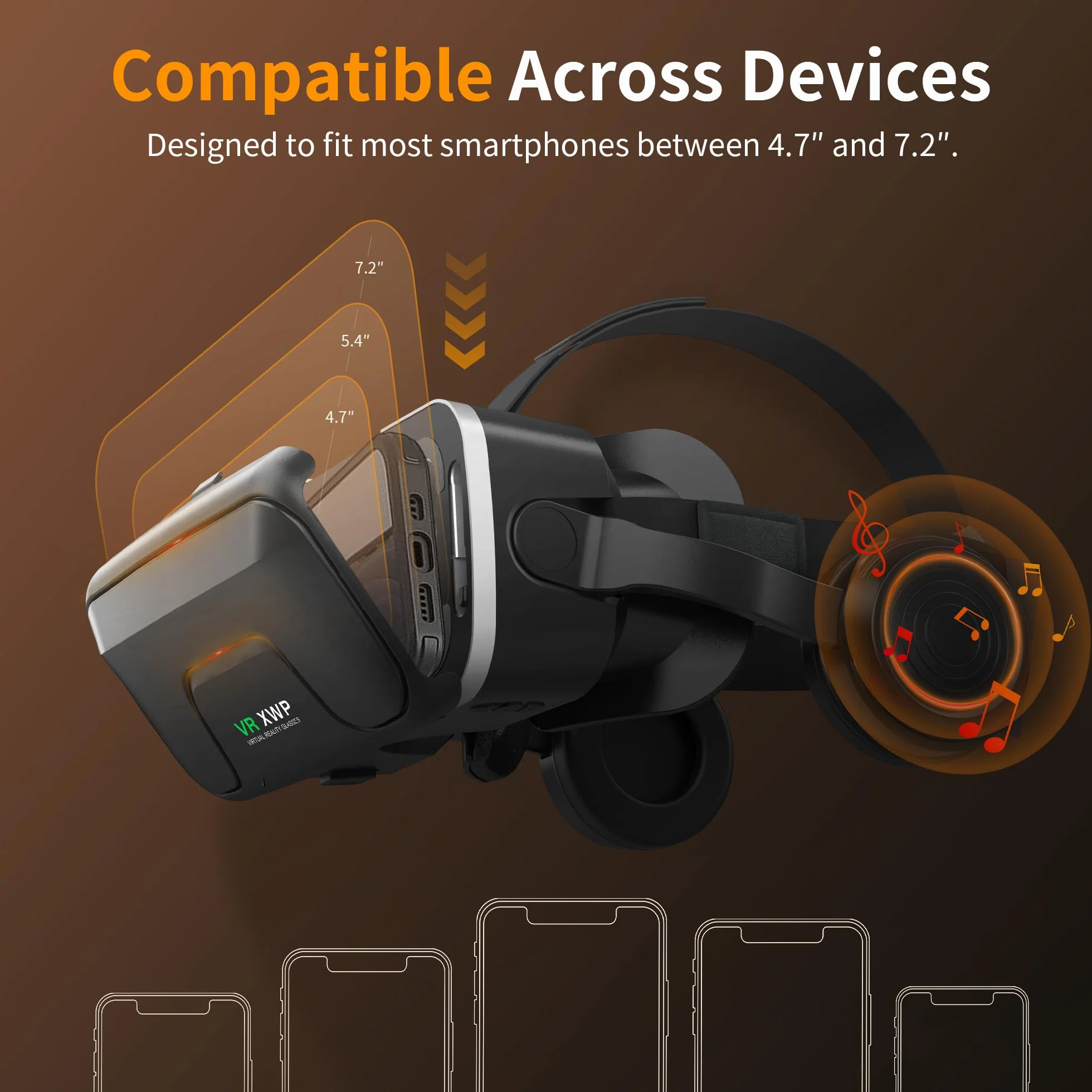 XWP Casque VR avec Écouteurs, Lunettes de Réalité Virtuelle 3D pour Téléphone Portable, Lentilles HD Anti-Bleu, pour iPhone Android 4.7-7.2"
