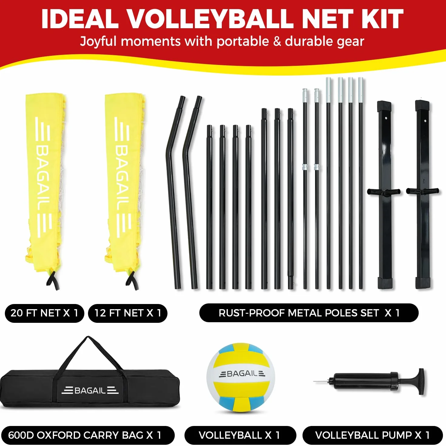 Filet de volley-ball portable 3,7 m/6,1 m réglable pour arrière-cour - Ensemble intérieur/extérieur avec sac de transport