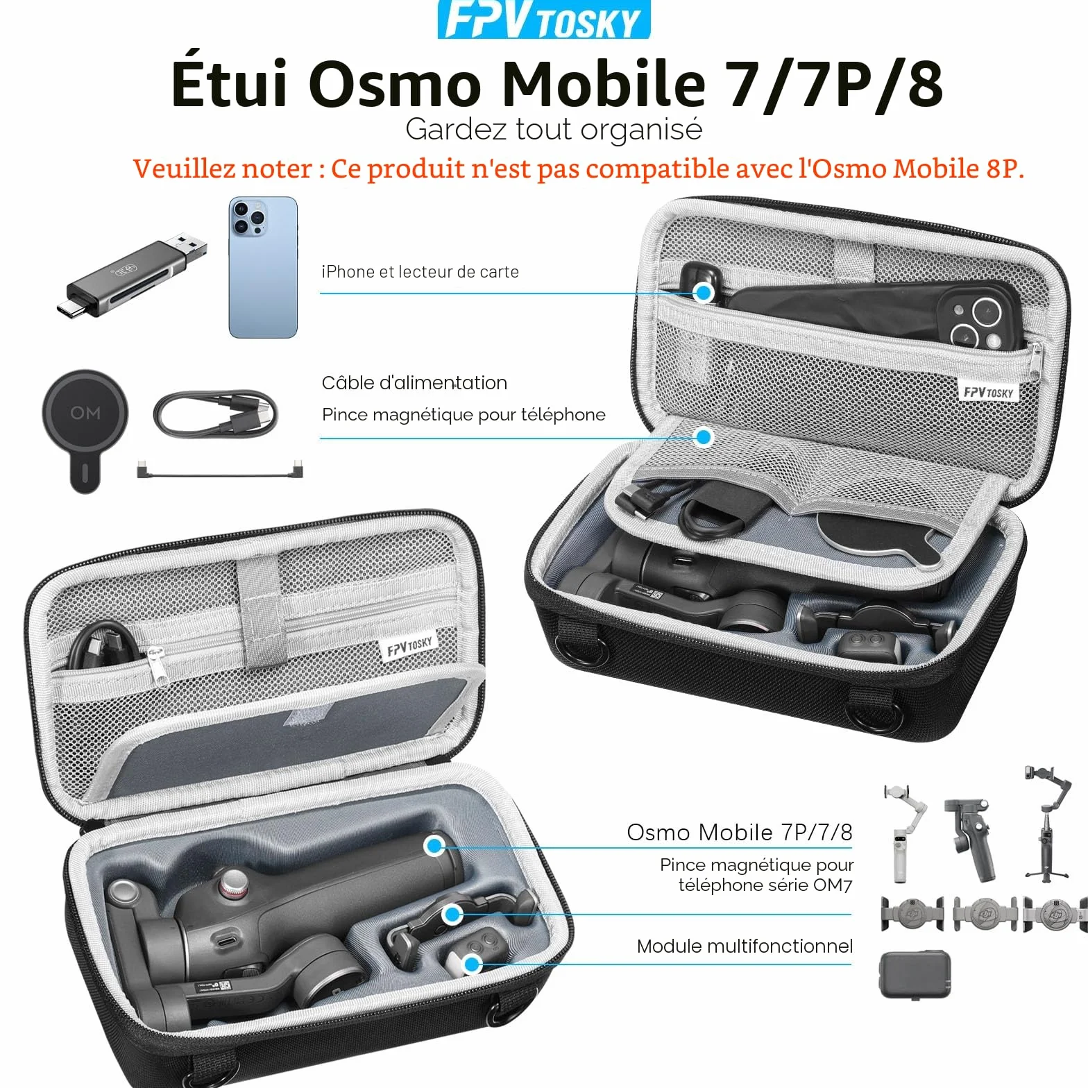FPVtosky Étui de Rangement Portable en Nylon pour DJI OSMO Mobile 8/7/7P, Noir
