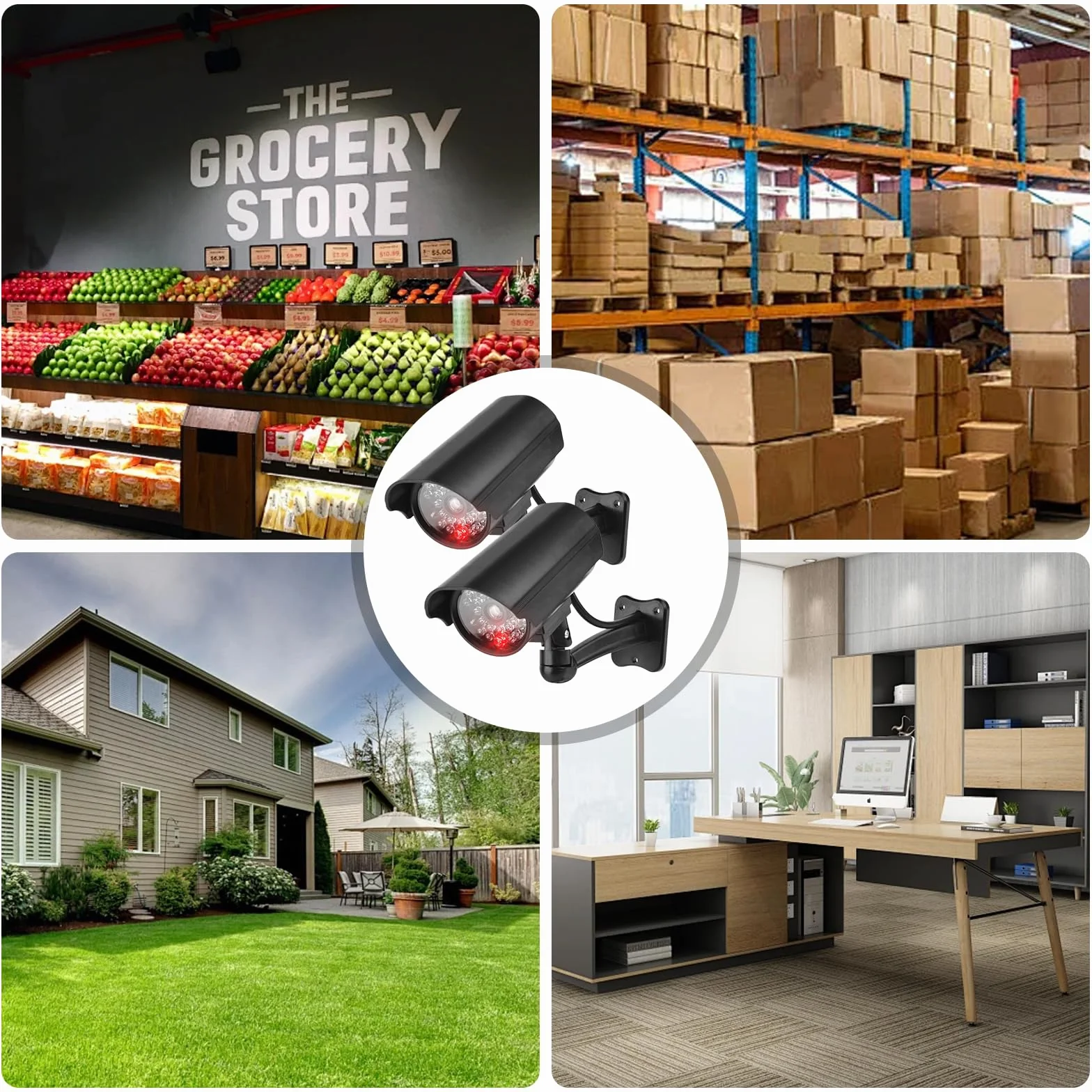 GOMETY Lot de 2 caméras factices extérieures, fausse caméra de sécurité avec LED rouge clignotante, caméra CCTV factice de sécurité pour intérieur et extérieur