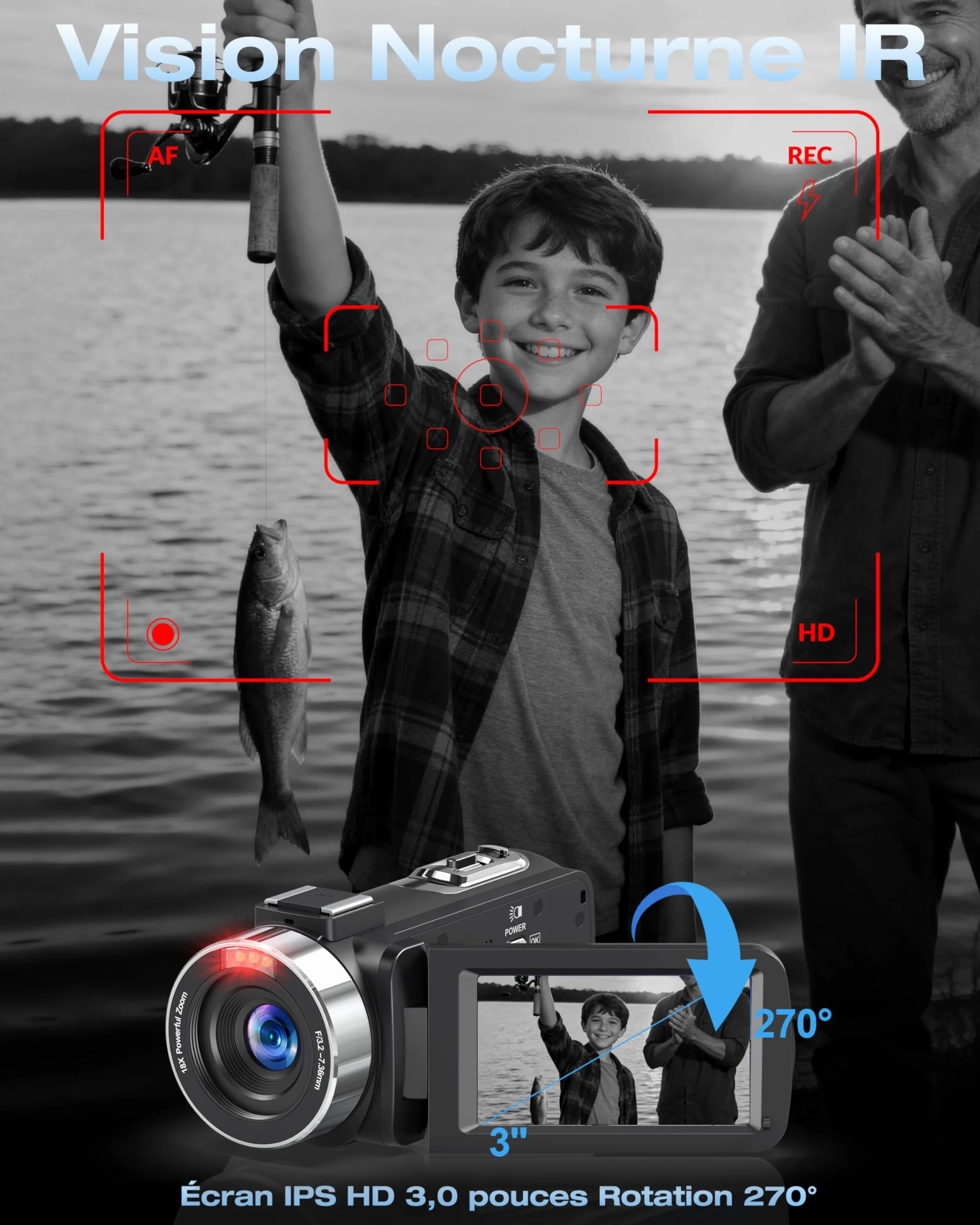 Caméscope 4K 80MP 30FPS Vision Nocturne Infrarouge Zoom 18X Écran IPS 3,0 Pouces avec 2 Piles et Carte SD 32Go