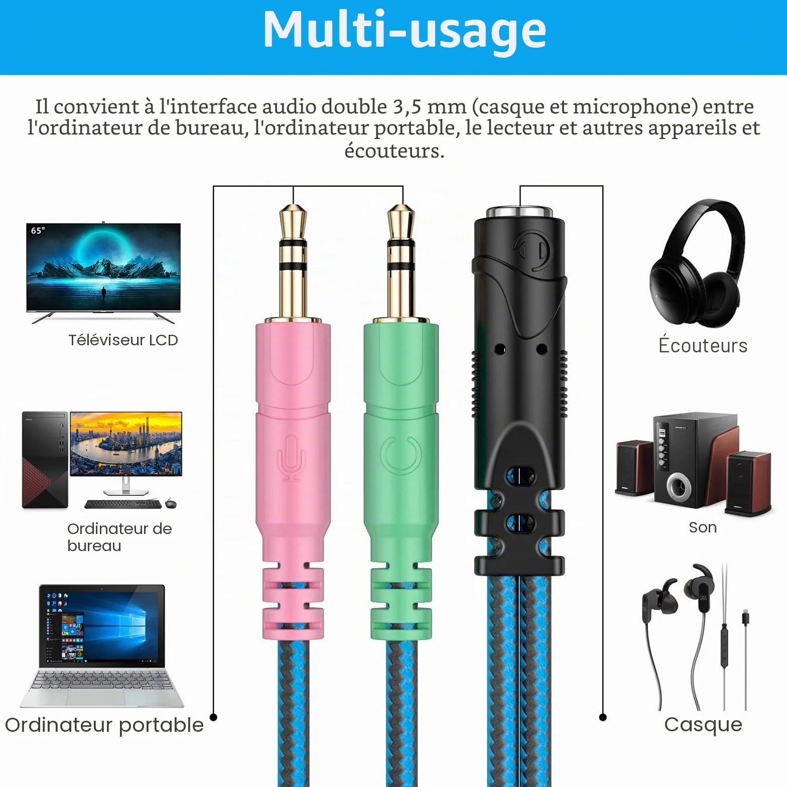 ENVEL Adaptateur Jack Micro Casque Audio Stéréo 3,5mm Splitter Femelle à 2 Double Mâle Câble Nylon tressé 22cm