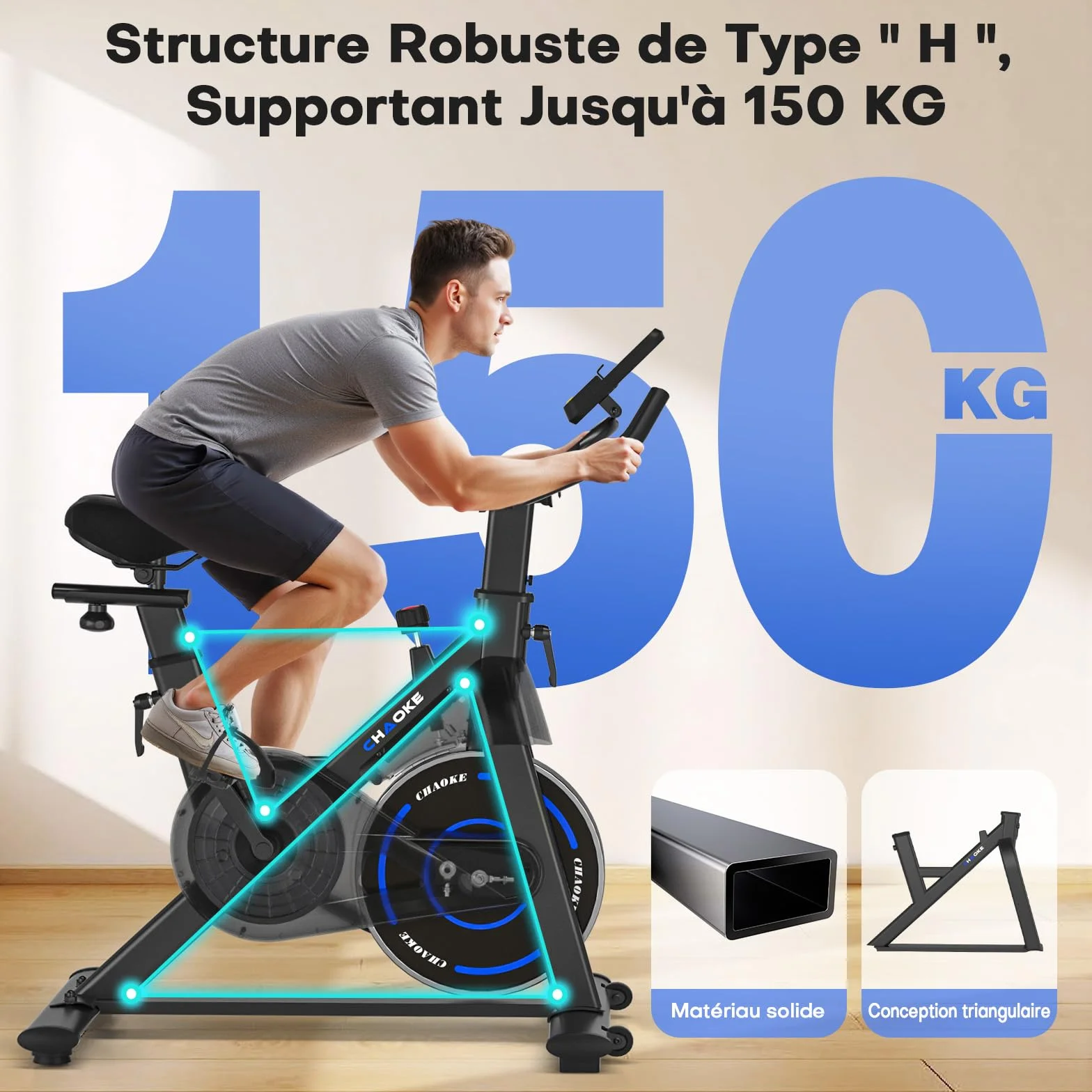 CHAOKE Vélo d'appartement Silencieux Résistance Magnétique Réglable App écran LCD Capacité 150KG