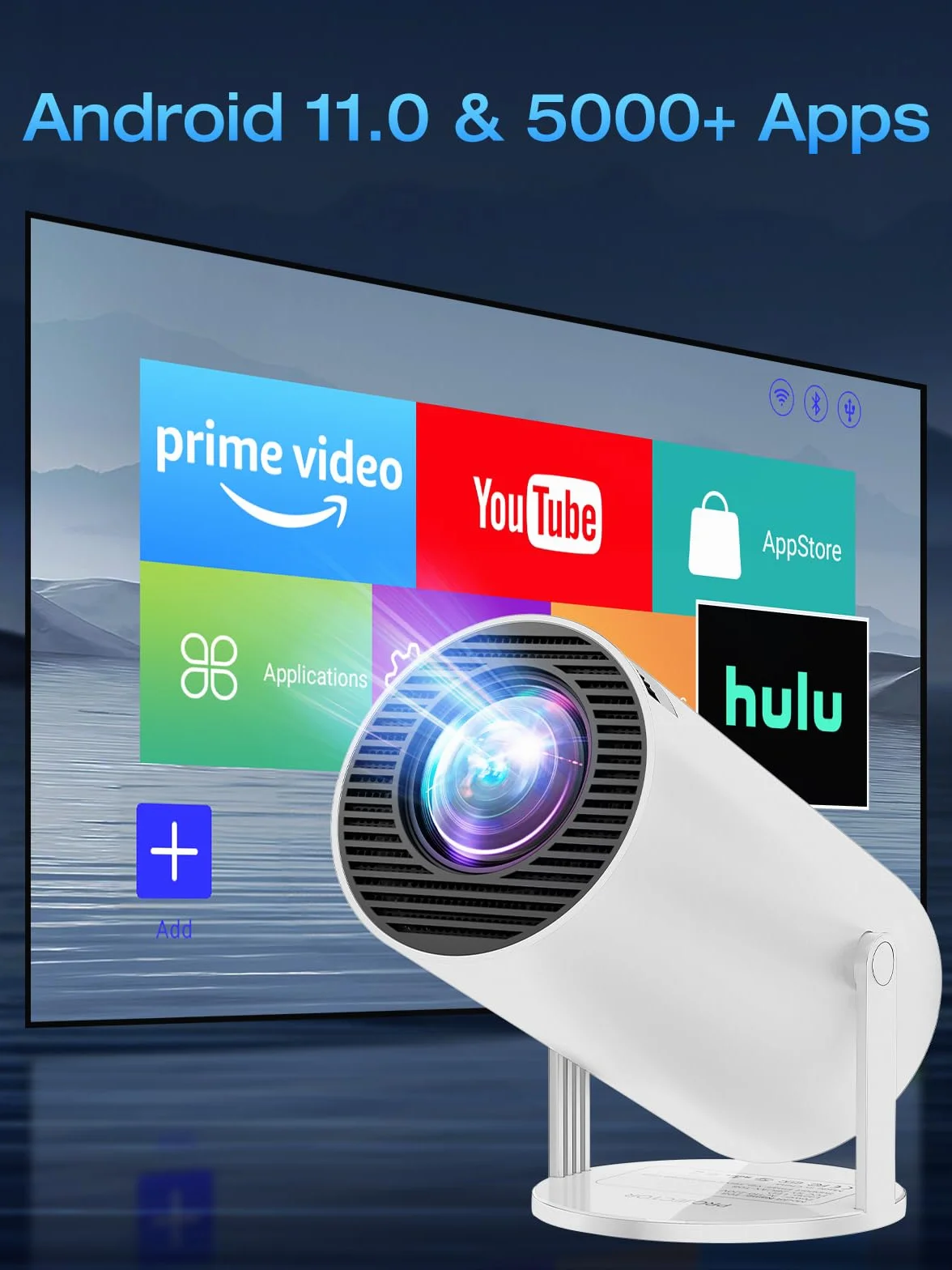Videoprojecteur Mini Projecteur Portable 20000 Lumens 4K Supporte avec App Intégrée Android 11.0 WiFi 6 Bluetooth 5.4 Auto Keystone 180° Rotation pour Phone/HDMI/USB