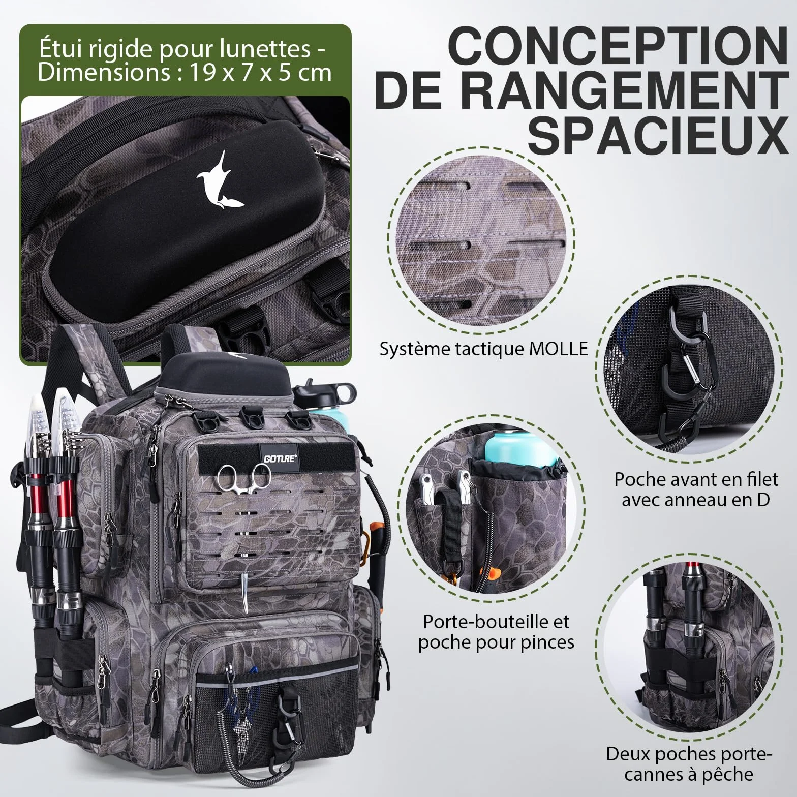 Goture Sac de pêche 45 L Tissu Oxford 900D Dos Souple résistant à l'eau avec Porte-Cannes et Housse de Pluie