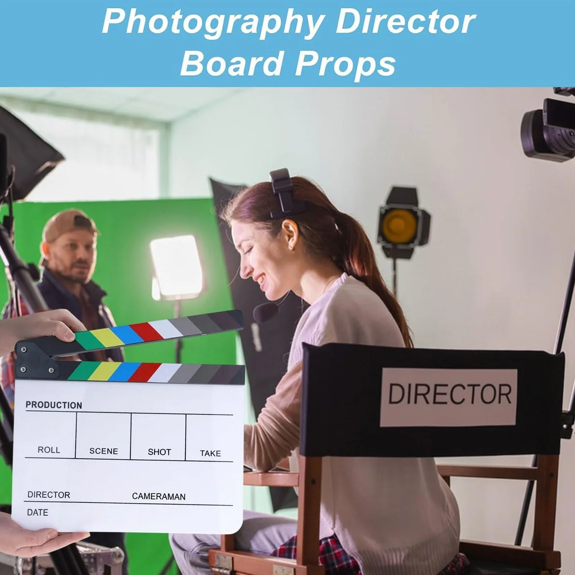 Clap de Cinéma 30 x 25cm,Acrylique Film Clapper,avec effaceur magnétique,2 stylos,Clap Cinéma pour Tournage Film,Tournage Vidéo,Blanc