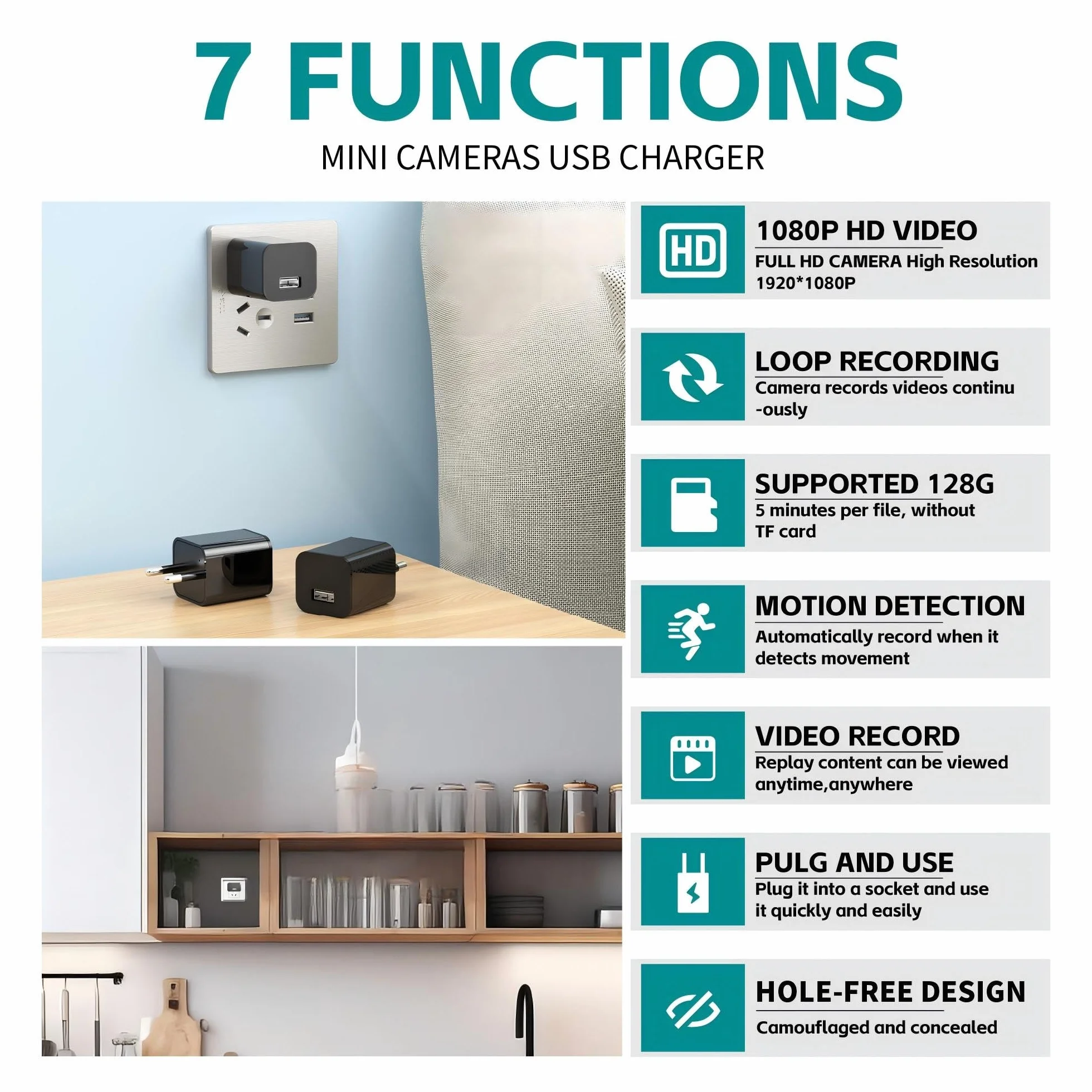 DUVIX Caméra Espion Cachée Chargeur USB 64GB 1080P HD, Caméra de Surveillance avec Détection de Mouvement et Vision Nocturne, Mini Caméra Sécurité Portable Maison Bureau