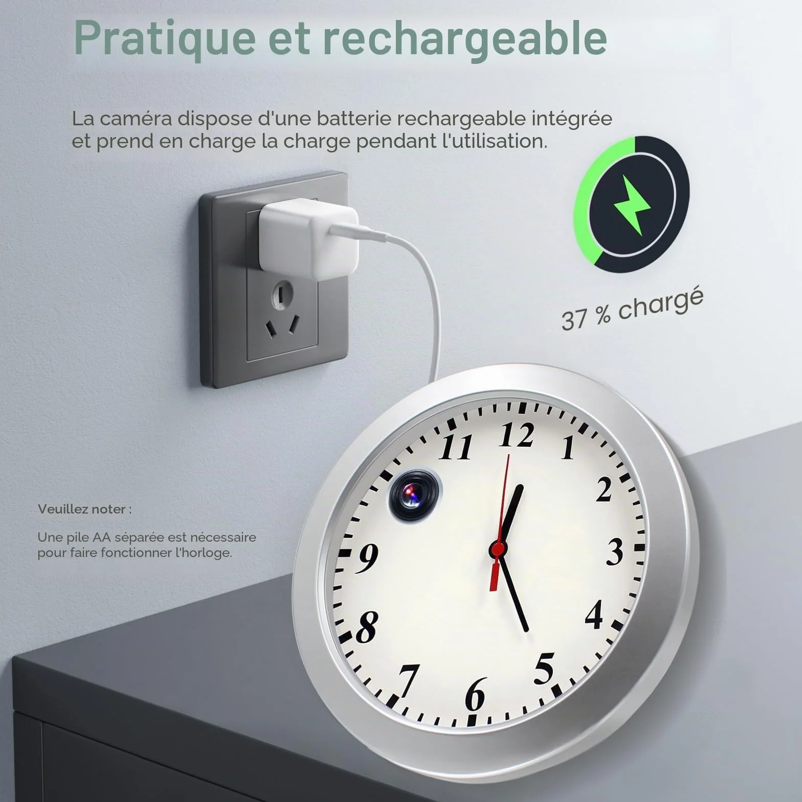 Caméra espion horloge 1080P HD Enregistreur vidéo avec détection de mouvement Enregistrement en boucle Caméra de sécurité intérieure Mini caméra cachée pour la maison, sans fonction WiFi