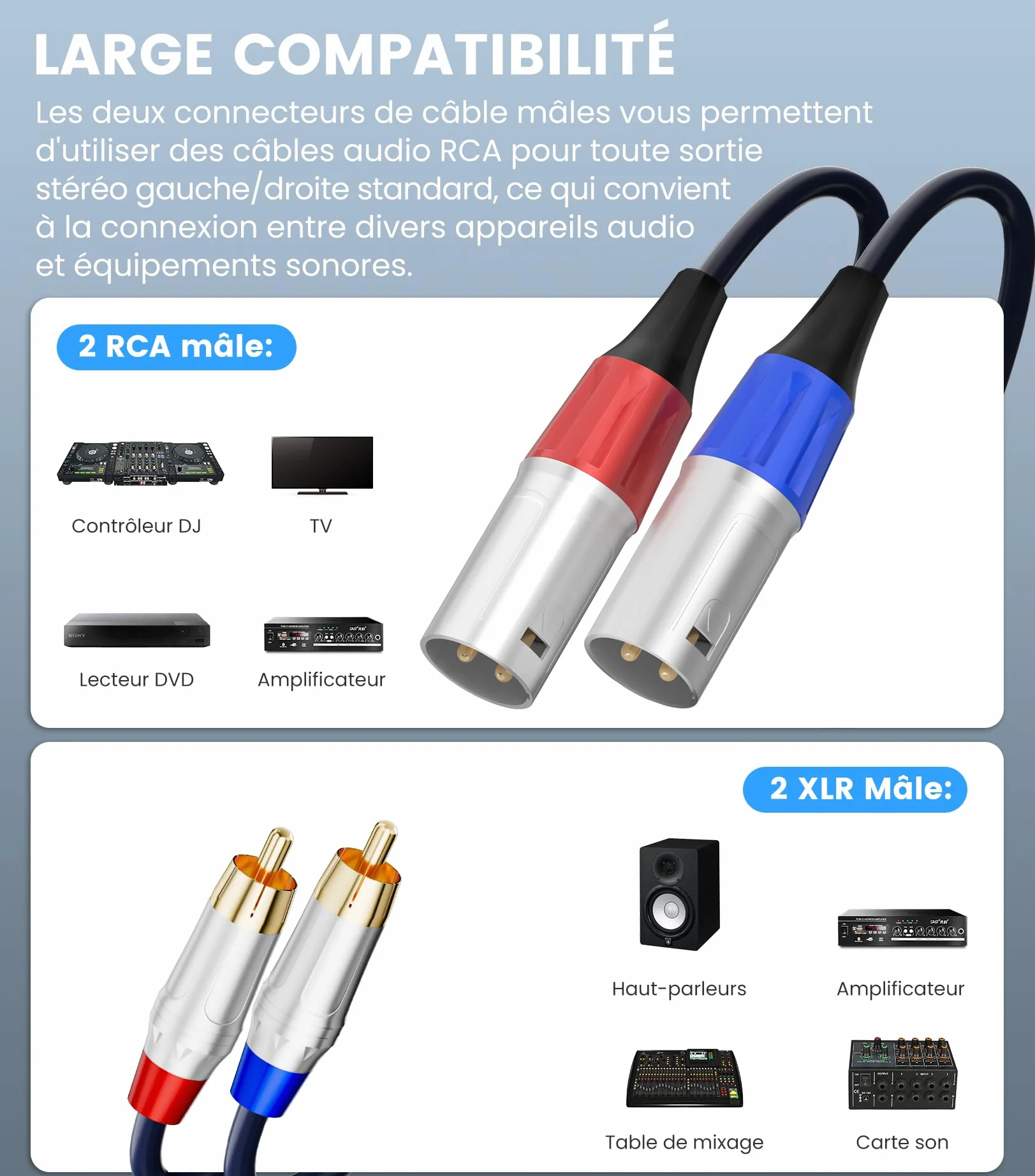 Tisino Câble double RCA vers XLR, 2 RCA vers 2 XLR mâles HiFi stéréo connexion microphone câble câble de chemin - 1 m