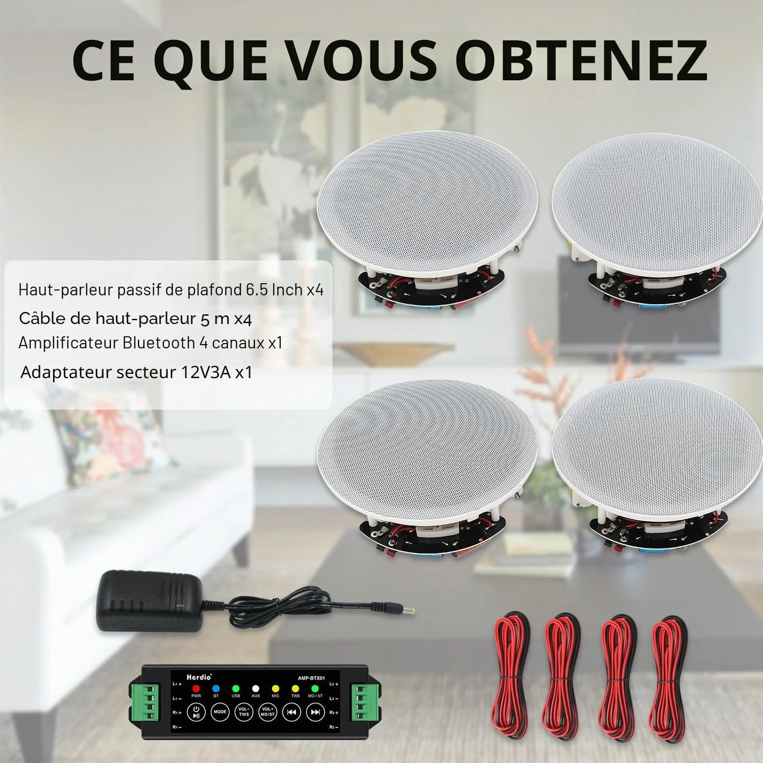 Herdio Enceintes Plafond Bluetooth 600 Watts 6,5 Pouces 4 Haut-parleurs
