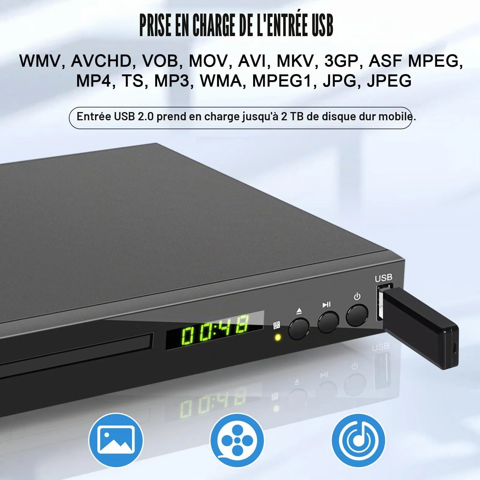 Lecteur Blu-Ray pour Téléviseur (Région 2), Compact Lecteur CD DVD Multizone avec Sortie Coaxiale AV HDMI Entrée USB, Prise en Charge clé USB, Lecture des Disques Blu-Ray de la Région 2