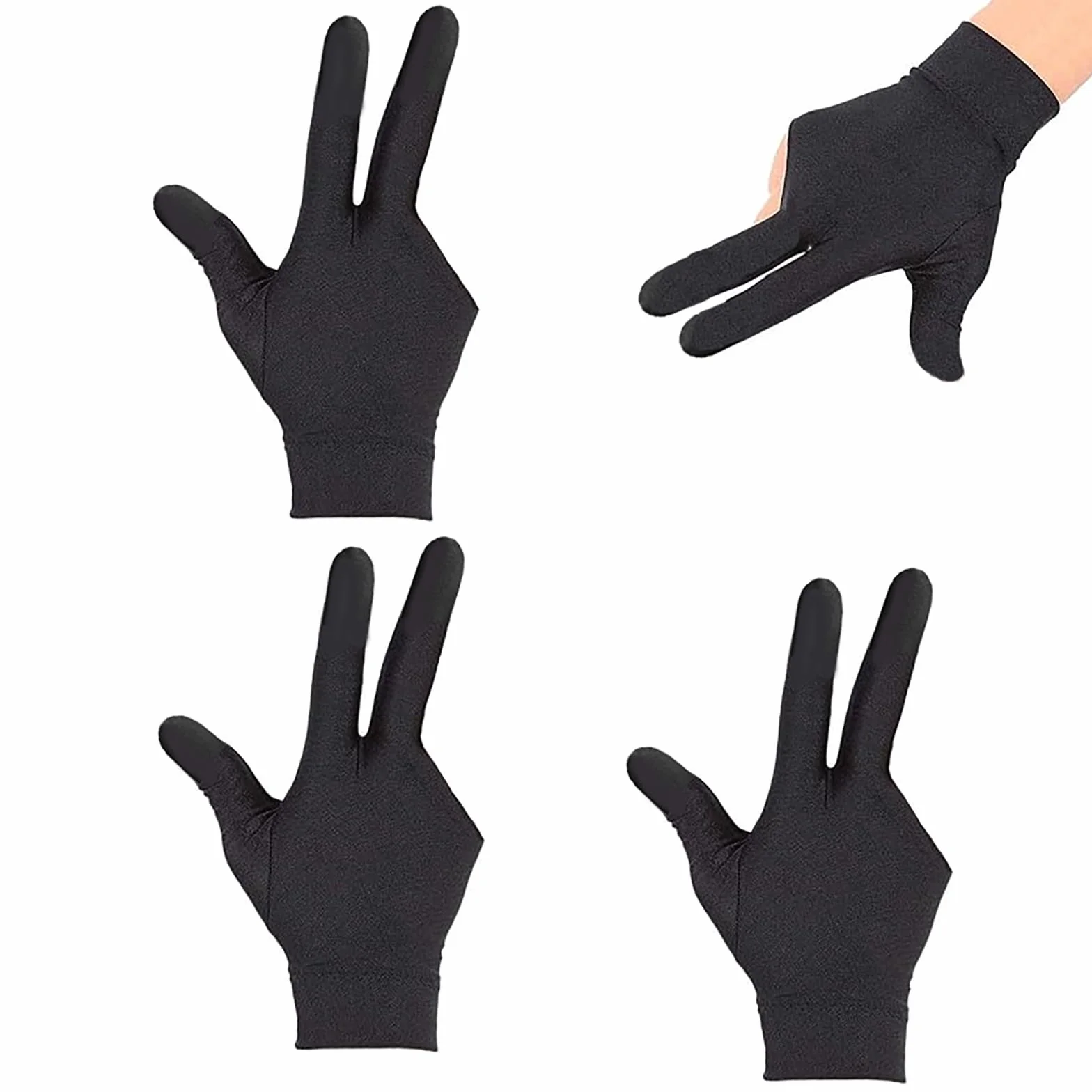 Gants de Billard élastiques en Lycra pour Main Gauche 3 Doigts Lot de 4 - Carom, Piscine, Snooker (Noir)