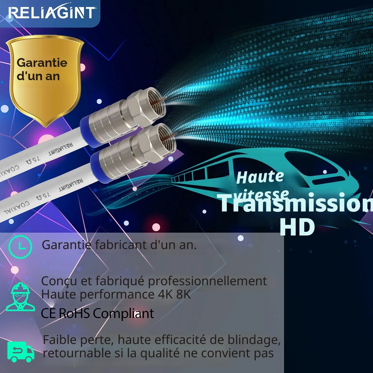 Câble coaxial TV RG6 1m 75 Ohm antenne satellite connecteurs F F81 cuivre étanche 3 GHz blanc