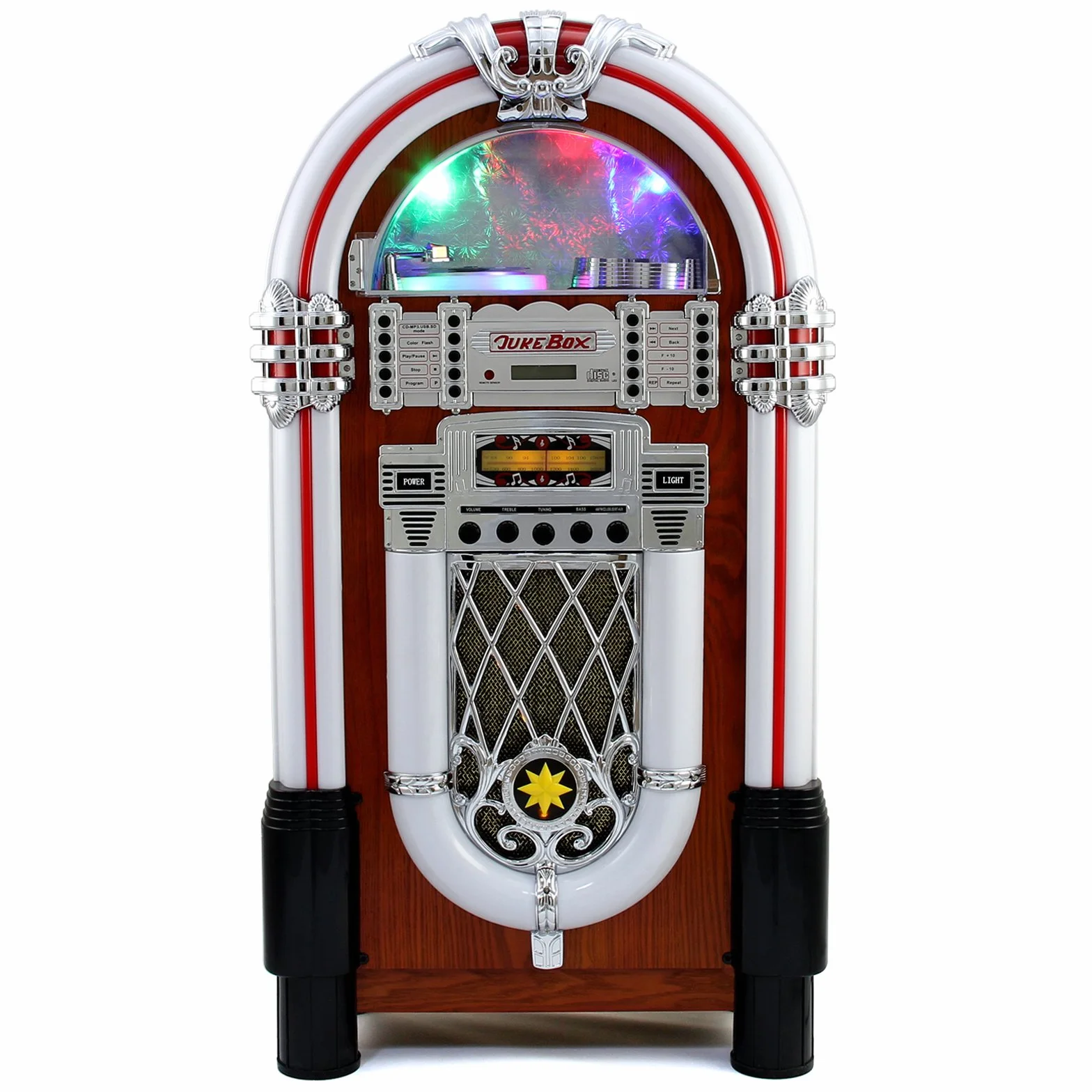 Jukebox Style Rétro Années 50 avec Éclairages LED Couleurs Changeantes, Bluetooth, AUX, Lecteur CD, Radio AM/FM