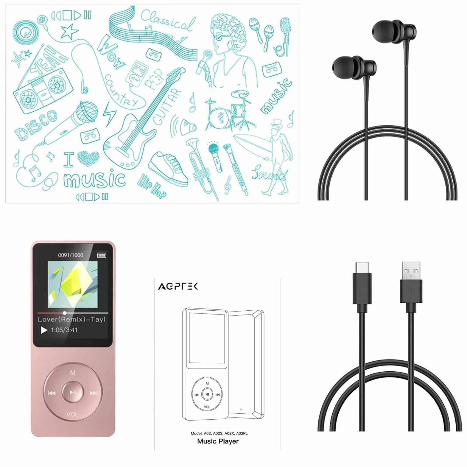 AGPTEK Lecteur MP3 Classique 64Go, Autonomie 70 Heures, Léger 30g, Hi-Fi, Baladeur Sport Enfant Adulte, Carte TF 128G - Rose