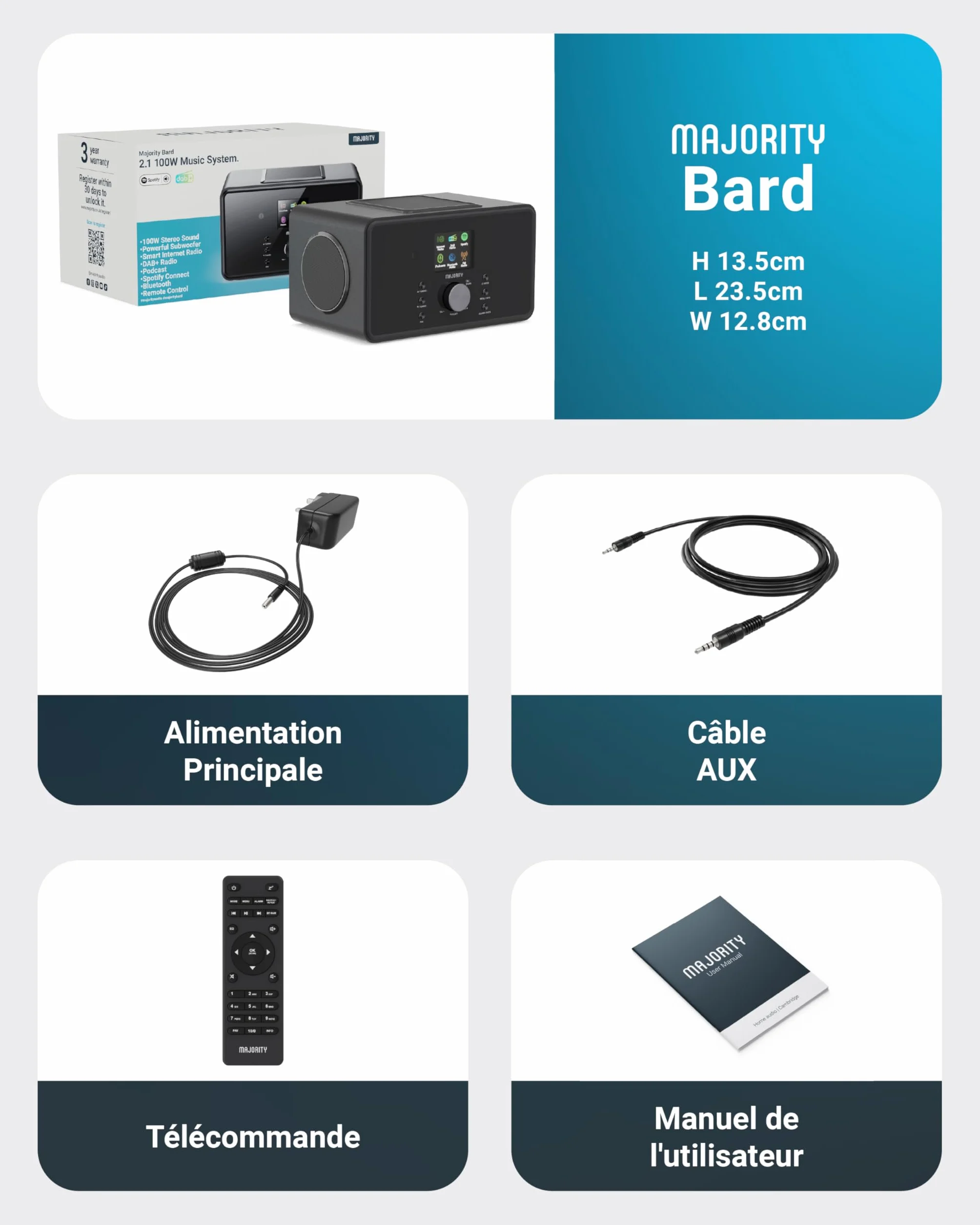 Radio Internet WiFi avec Bluetooth | Radio Dab Plus & FM | 100W 2.1 Caisson de Basse Interne pour Xtra Bass | Spotify Connect & Podcasts | Télécommande Incluse & OKTIV App Control | MAJORITY Bard