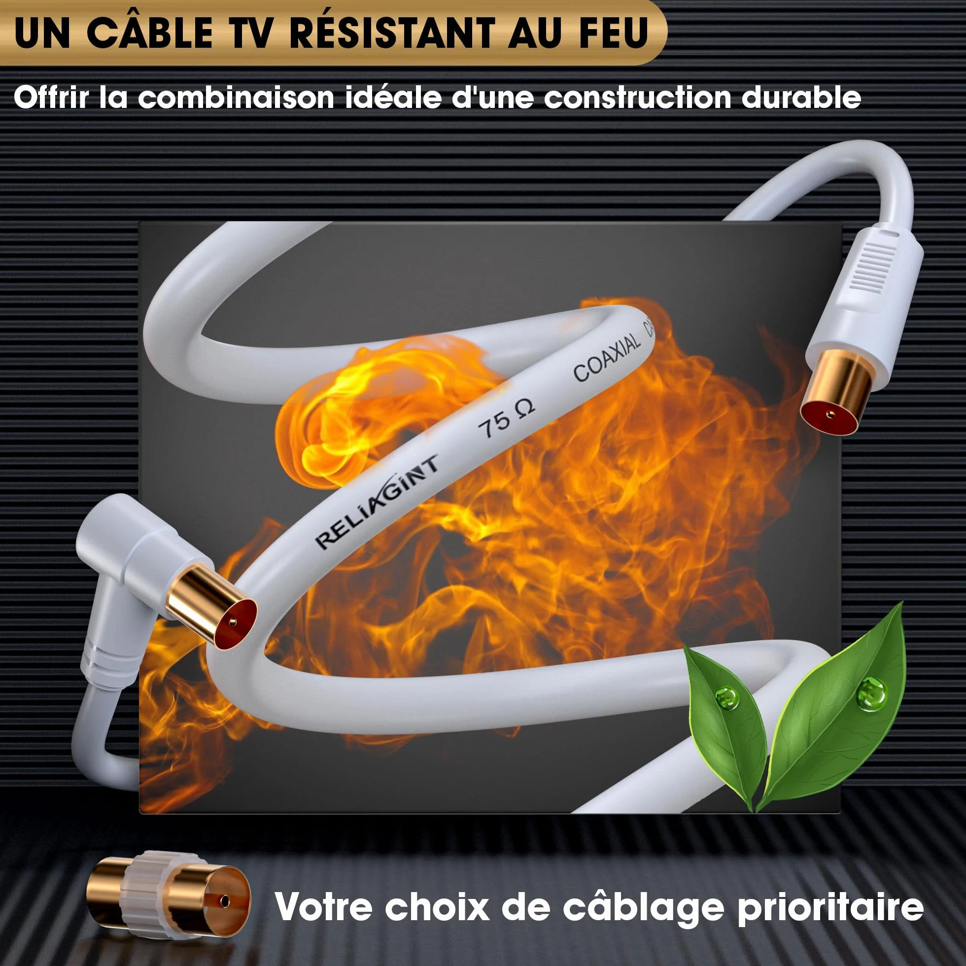 Câble antenne TV 2m coaxial 75 Ohm IEC mâle à mâle double blindage cuivre pur