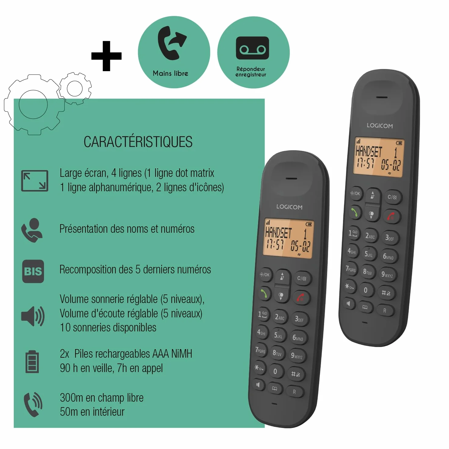 Logicom ILOA 255T Téléphone Fixe sans Fil avec Répondeur Enregistreur - Duo - Téléphones analogiques et dect - Noir
