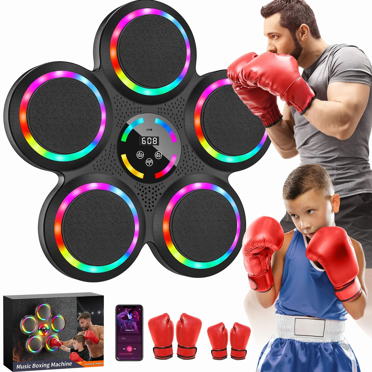 IERAKOR Musique Machine de Boxe, Gants, Bluetooth, 9 Vitesses Modes, Sport à Domicile