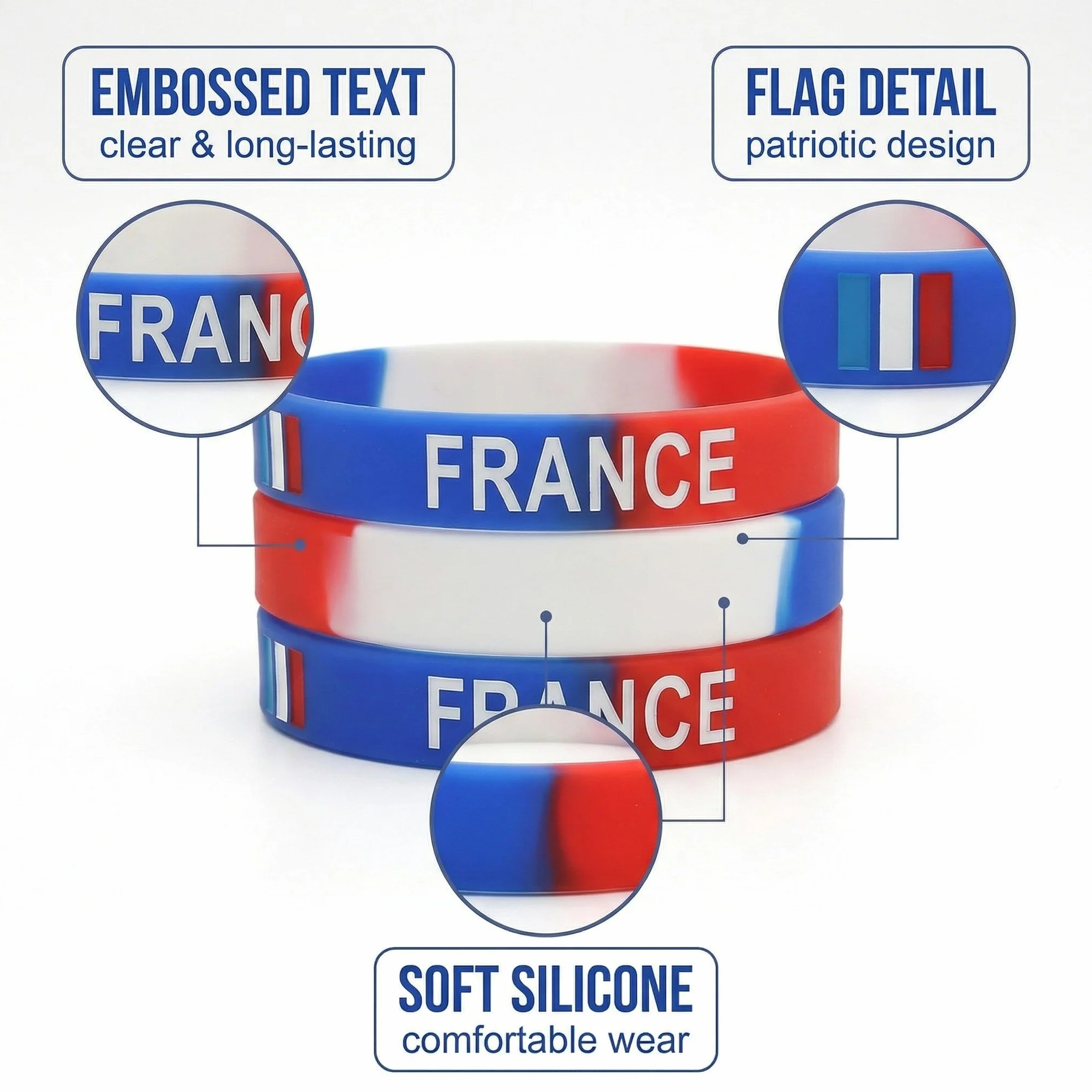 Lot de 3 Bracelets Silicone France - Accessoire Supporter Drapeau Français pour Football et Rugby - Kit Supporter Idéal